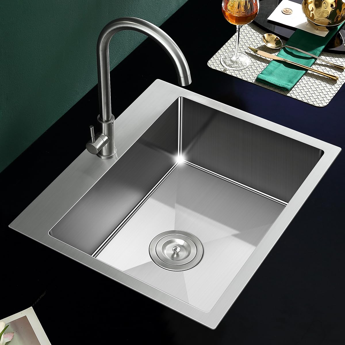 Tsibomu 24 Inch Kitchen Sink Drop-In, 18 Gauge Stainless Steel Single Bowl Single Faucet Hole Top Mount Workstation Sink, D24''X