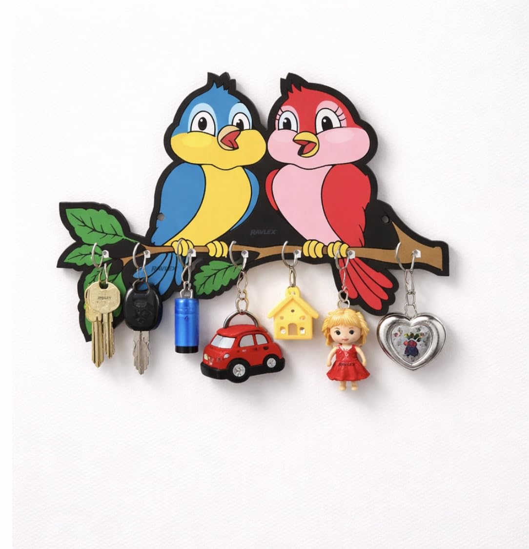 RAVLEX Key Chain Holder for Home Wall Cartoon Couple Birds Design Cute Entryway Organiser Key Hangers for Wall Wooden (8 x 9 Inc
