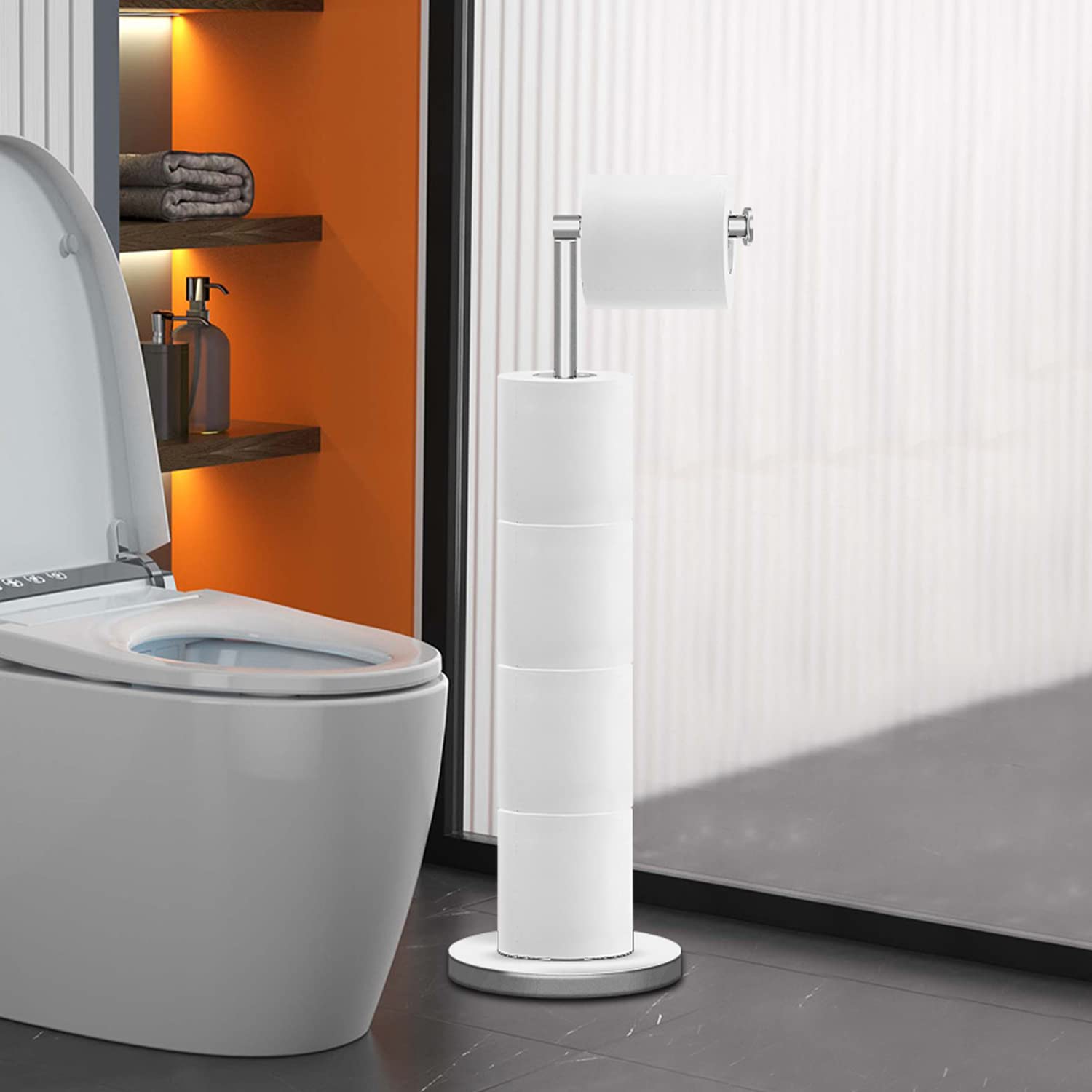 RRM Toilet Paper Holder Stand  Bathroom Free Standing Toilet Paper Holder with Reserve Storage 3-4 Toilet Paper Rolls  22-inch Stainless Steel Toilet Paper Holder Stand (Brushed)