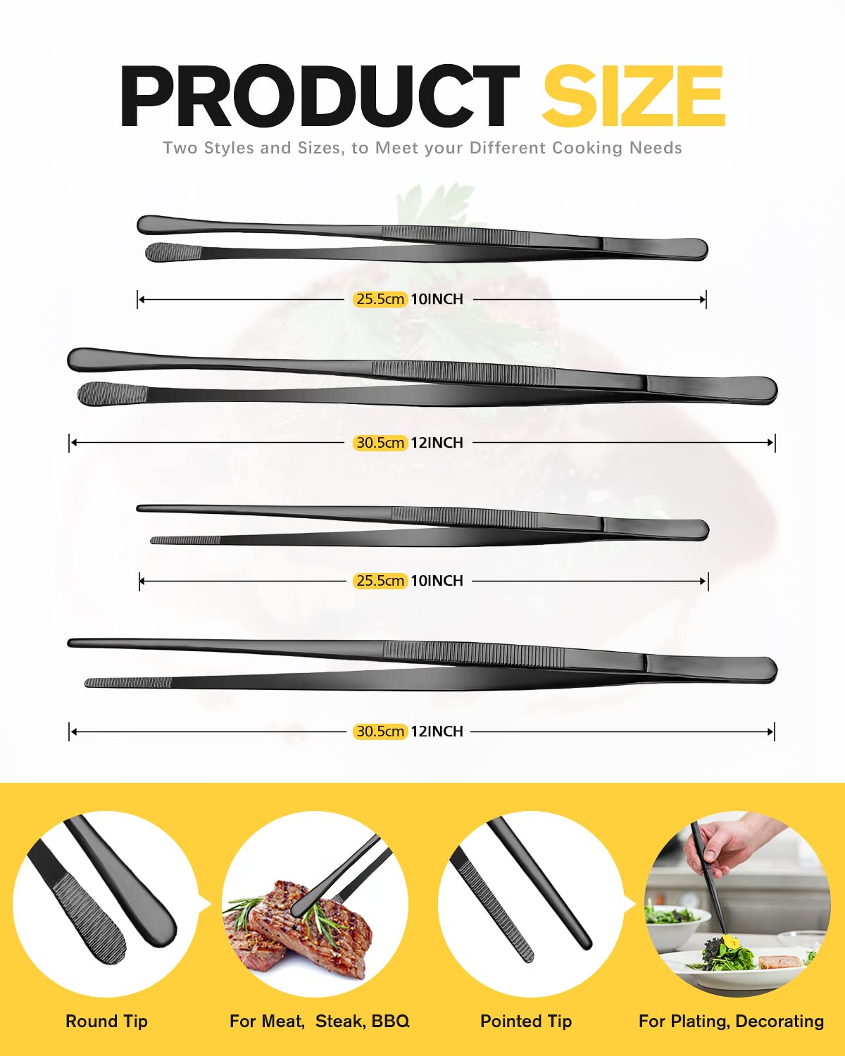 Bundlepro Stainless Steel Food Tweezer Set (12-Inch, 10-Inch), Black - Professional Kitchen Tongs For Cooking, Bbq, Repairing, S