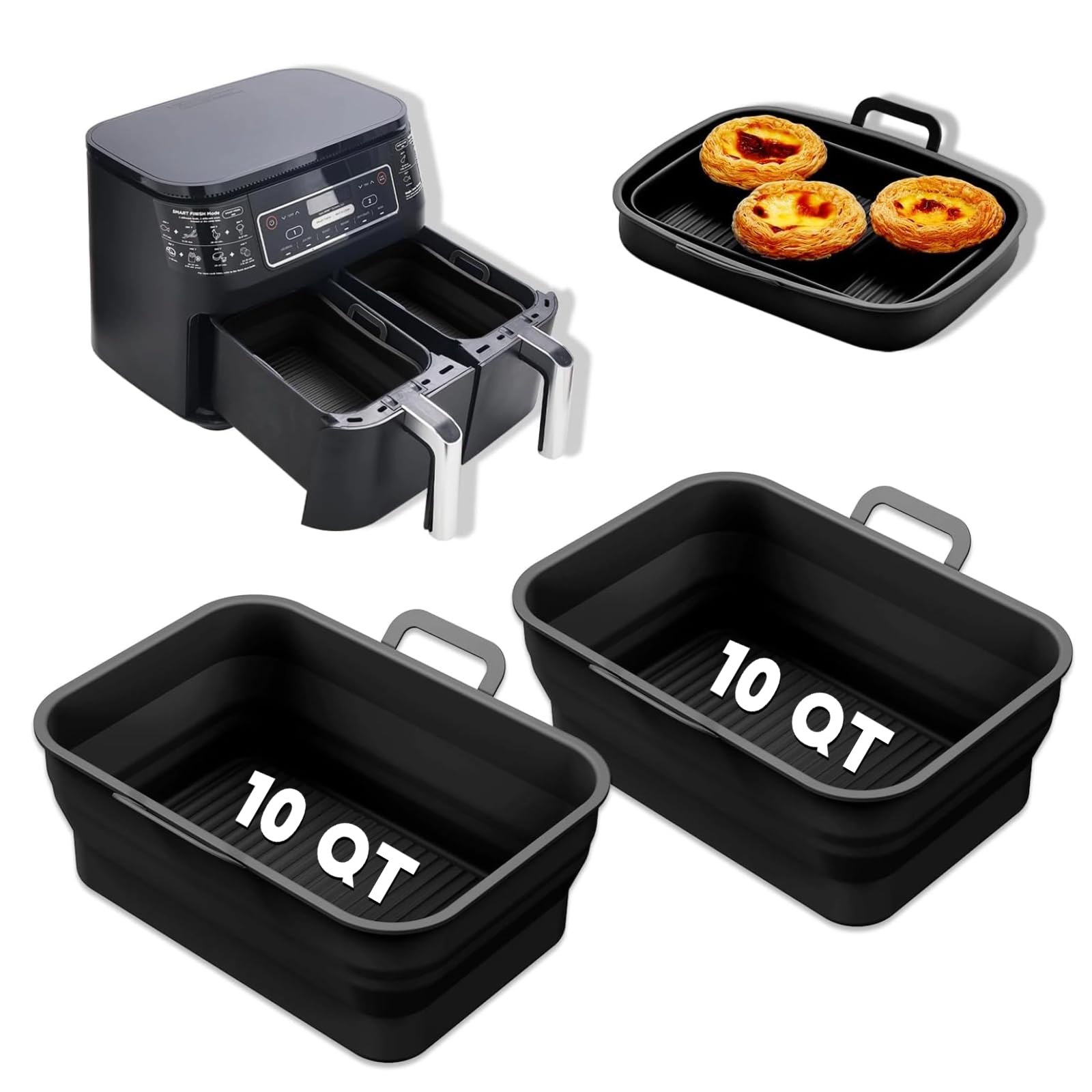 Vangerute Collapsible 2-Pack Air Fryer Silicone Liners For 10Qt Ninja Foodi Dual, Rectangular Air Fryer Silicone Pot, Reusable S