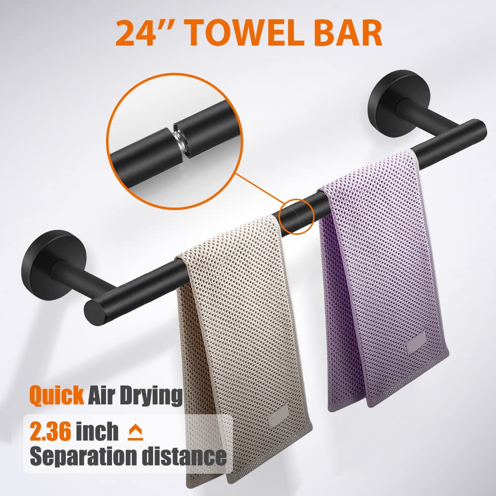 Tudoccy 5-Pieces Matte Black Bathroom Hardware Set Sus304 Stainless Steel Round Wall Mounted - Includes 24 '' Hand Towel Bar, To