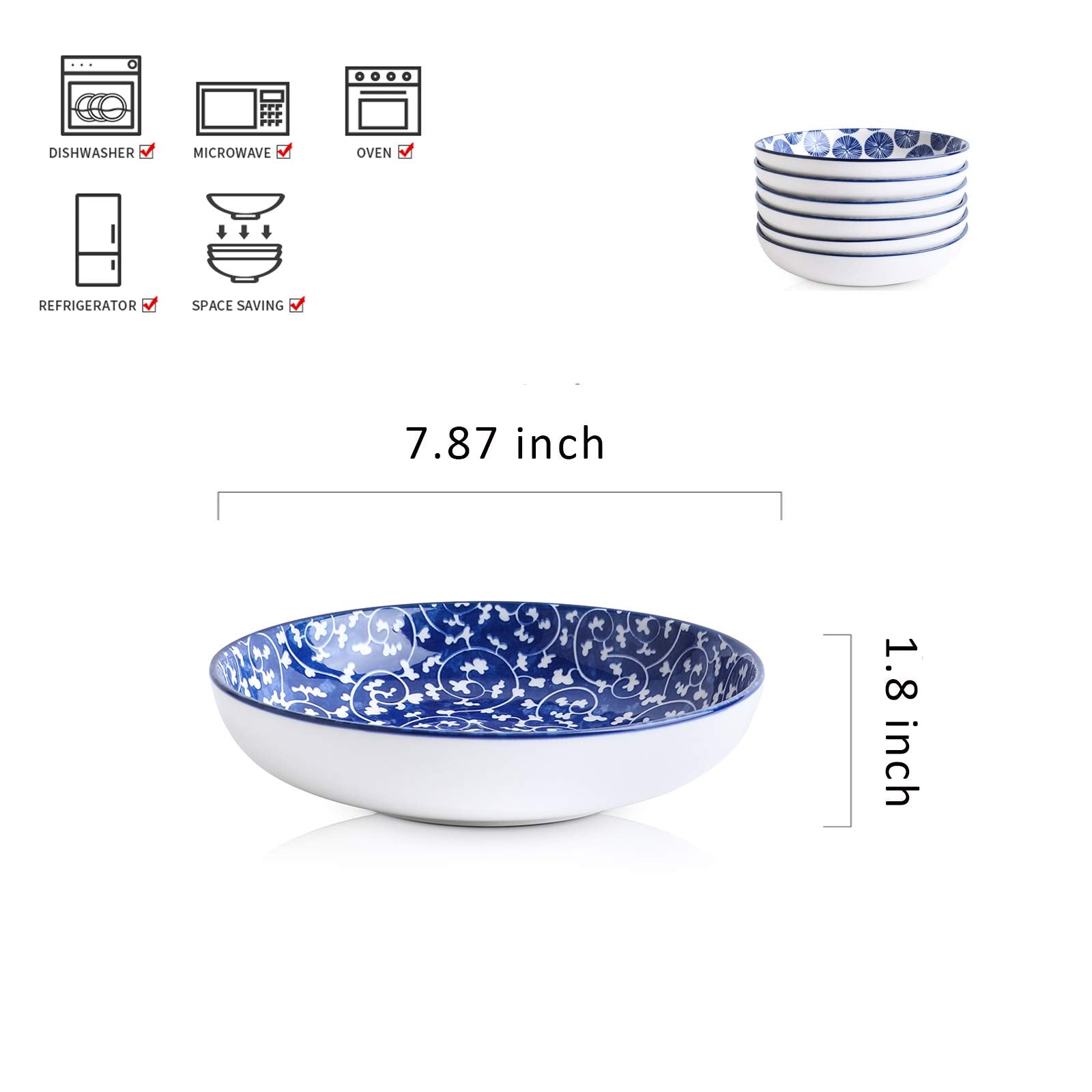 Selamica Porcelain Salad Pasta Bowls, Serving Bowls, Microwave & Dishwasher Safe, Sturdy & Stackable - 26 Ounce, Set Of 6, Vinta