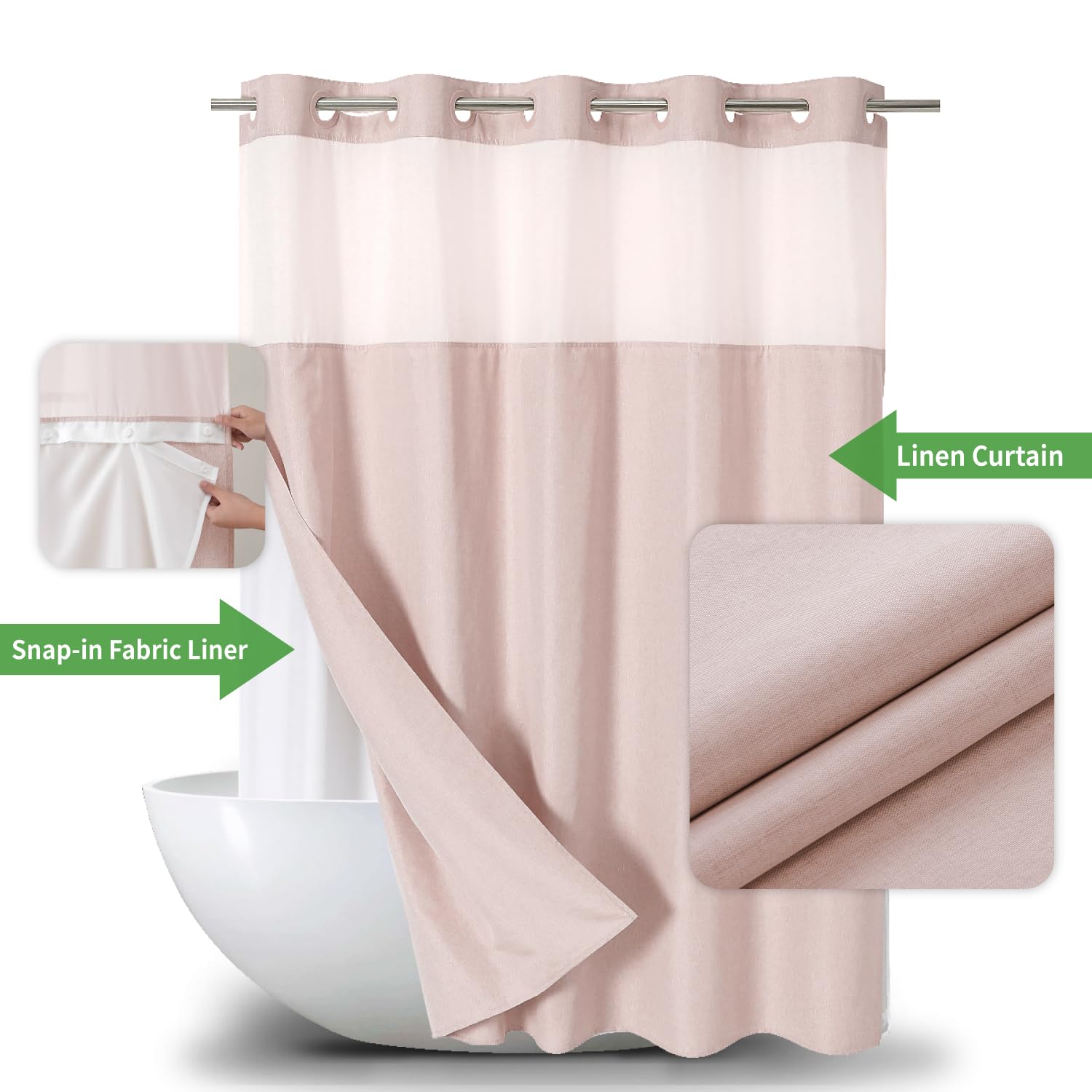 Eachope Extra Long No Hooks Needed Linen Textured Shower Curtain With Snap-In Fabric Liner Set,Blush Hotel Luxury Decor Shower C