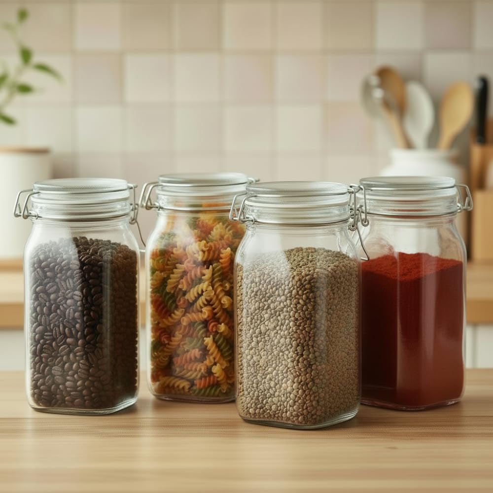 Ginoya Brothers  Kitchen Glass Jar (4, 1500 Ml. Cube Jar)