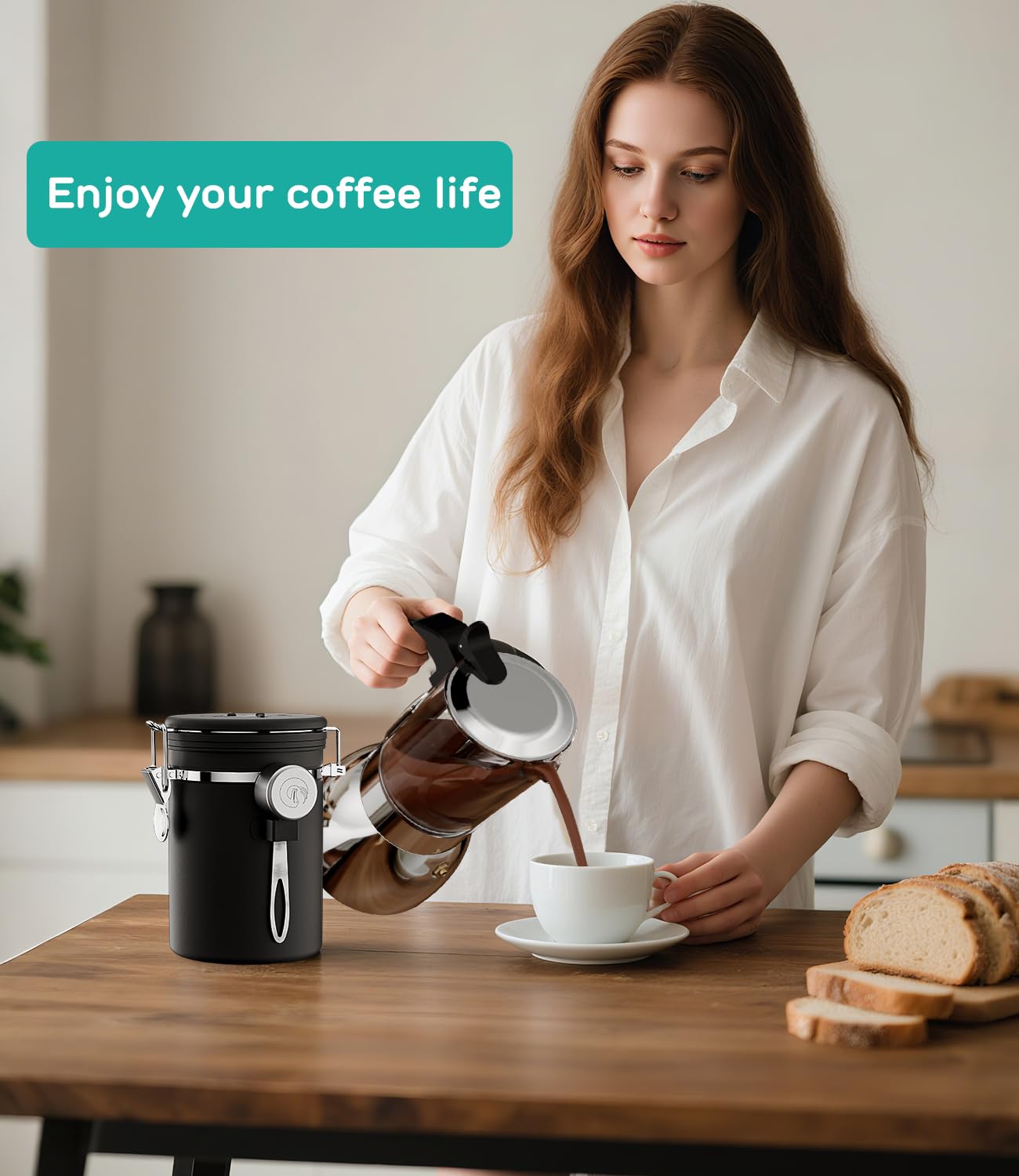 Coffee Gator Stainless Steel Canister - Large 22oz  Black Coffee Grounds and Beans Container with Date-Tracker  CO2-Release Valve  and Measuring Scoop - Ideal Coffee Lovers Gifts for Her