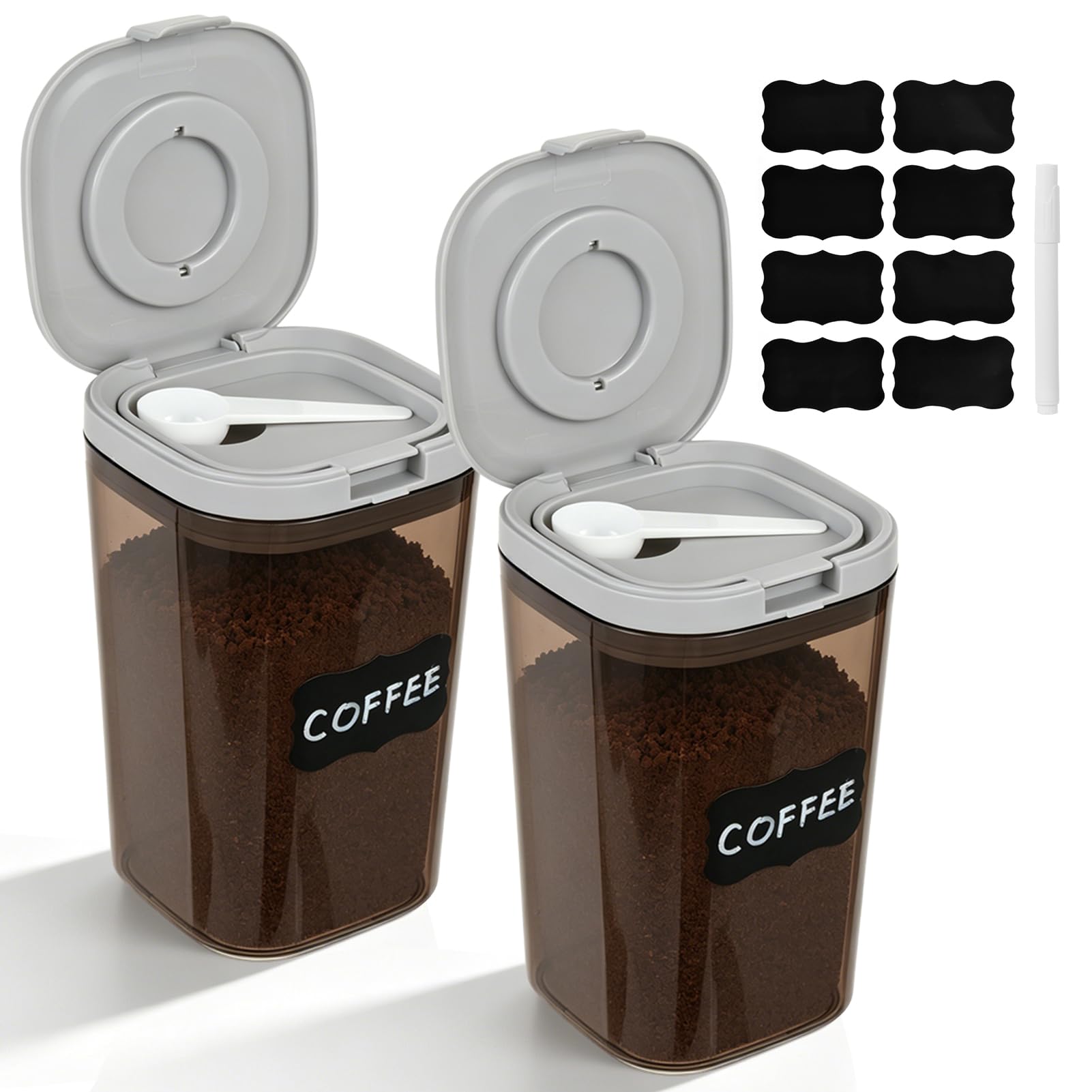 Faelhacon Airtight Coffee Canisters 2 Pack, 60oz Lightproof Kitchen Food Storage Jar with Date Dial & Spoon, Plastic Dry Goods C