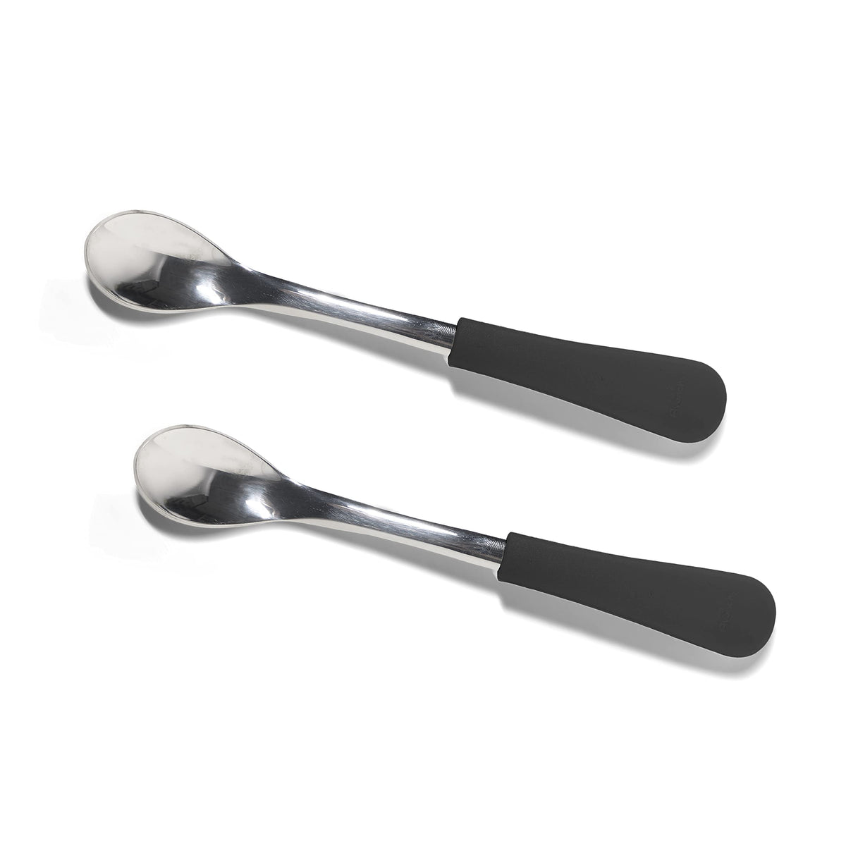 Avanchy Infant Baby Spoons Stainless Steel And Silicone Set, Self Feeding Food Utensils, 4 Months Baby Led Weaning, 2 Pack, Blac