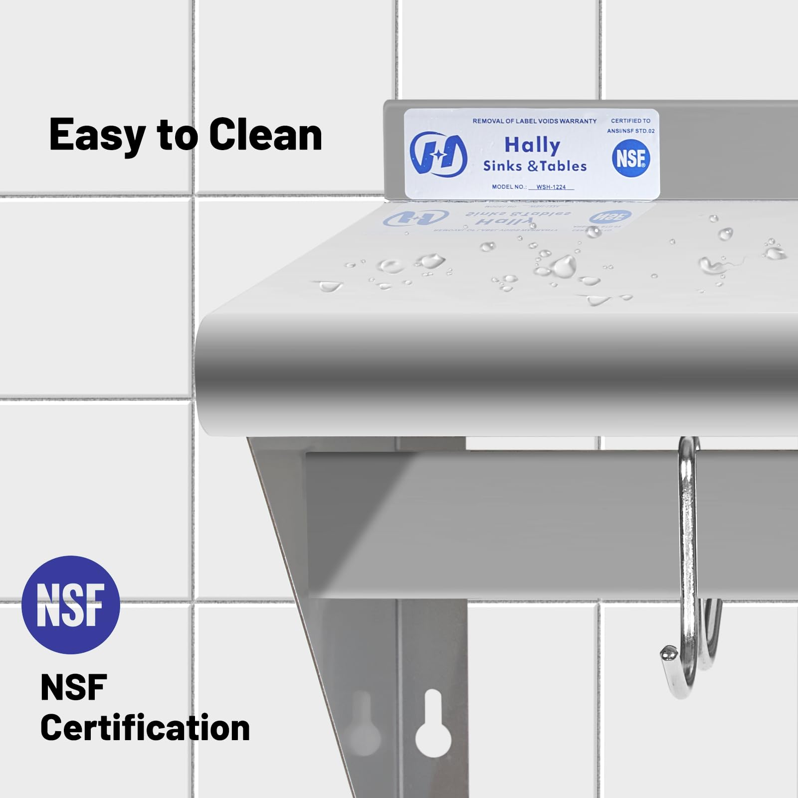 Hally Stainless Steel Shelf With 6 Hooks 12'' X 48'' Wall Mounted Pot Rack, Nsf Commercial Floating Shelving For Storage Hanging