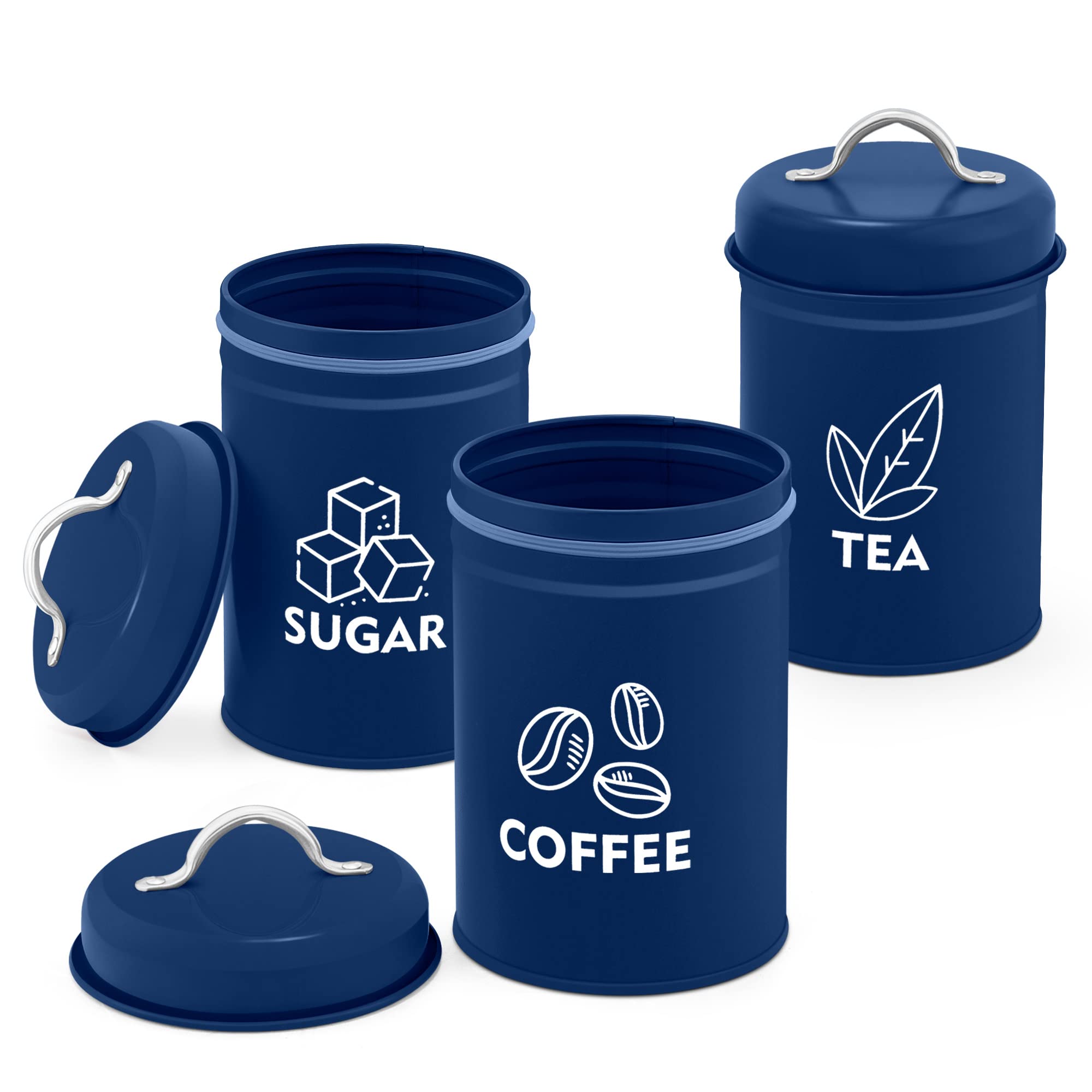 Teamfar Canister Sets For Kitchen Counter, 3 Pcs Kitchen Canisters Set For Coffee Sugar Tea, Navy Blue Metal Farmhouse Decor Sto
