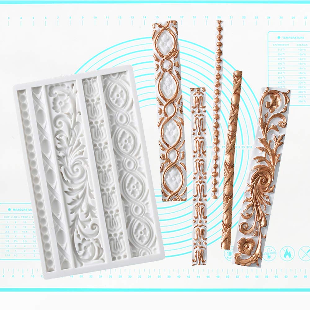 Palksky Diy Baroque Scroll Relief Cake Border Silicone Mold/Vintage Curlicues Fondant Molds Flower Frame Edible Lace Mould Mat F