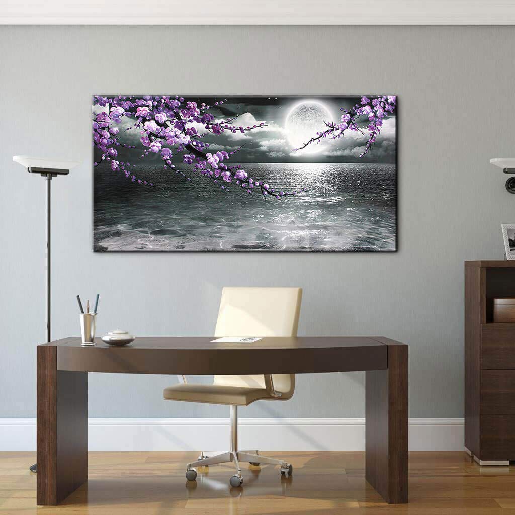 Large Purple Wall Art Decor For Living Room Bedroom Framed Black And White Seascape Full Moon Purple Flower Painting Canvas Pict