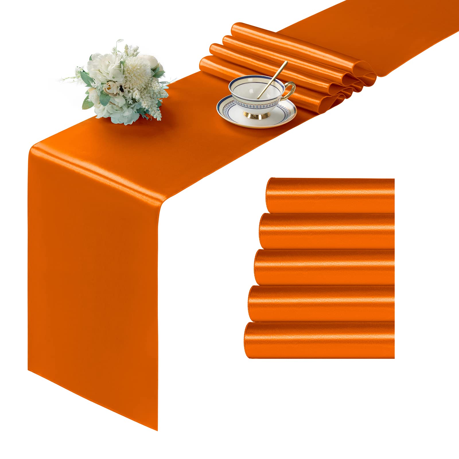 Manyshofu 4Pcs Satin Orange Table Runner - 12 X 72 Inch Long Size, Party Table Runner Decor Bright & Smooth Wedding Decorations