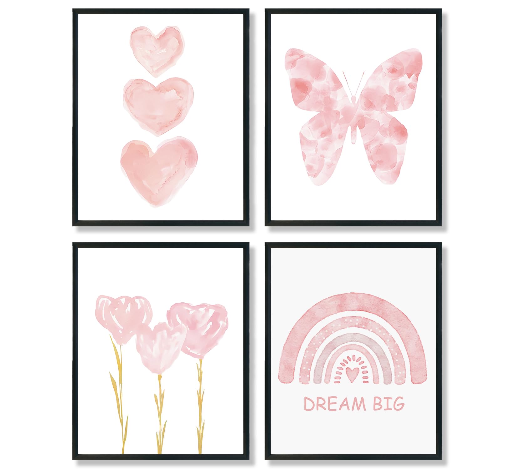 Ulegie Pink Girl Nursery Wall Art Prints Set Of 4, Girls Room Wall Decor, Watercolor Pink Butterfly Rainbow Floral Posters Wall 