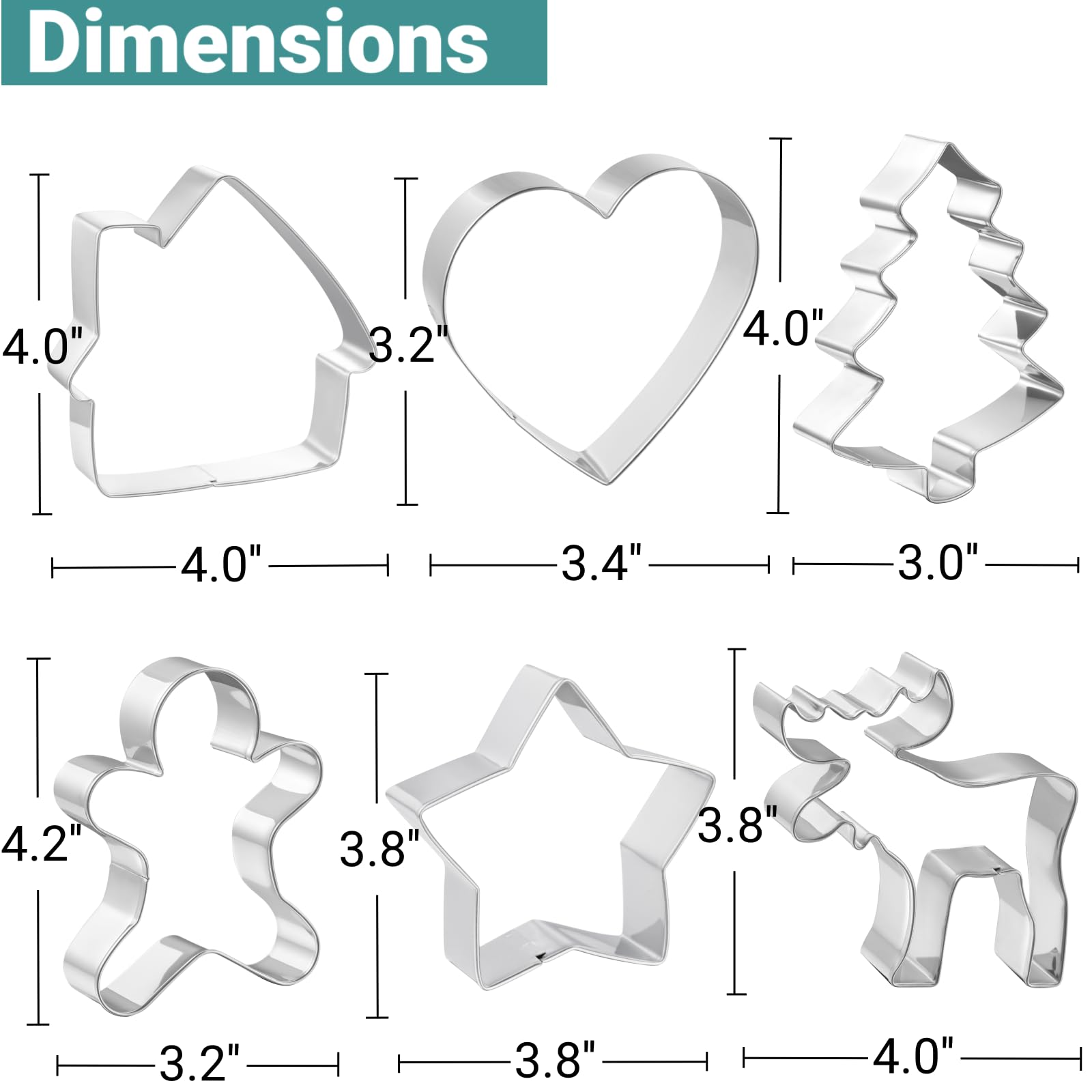 JOB JOL Christmas Cookie Cutters Set of 6, 4" Stainless Steel, Gingerbread Man, House, Christmas Tree