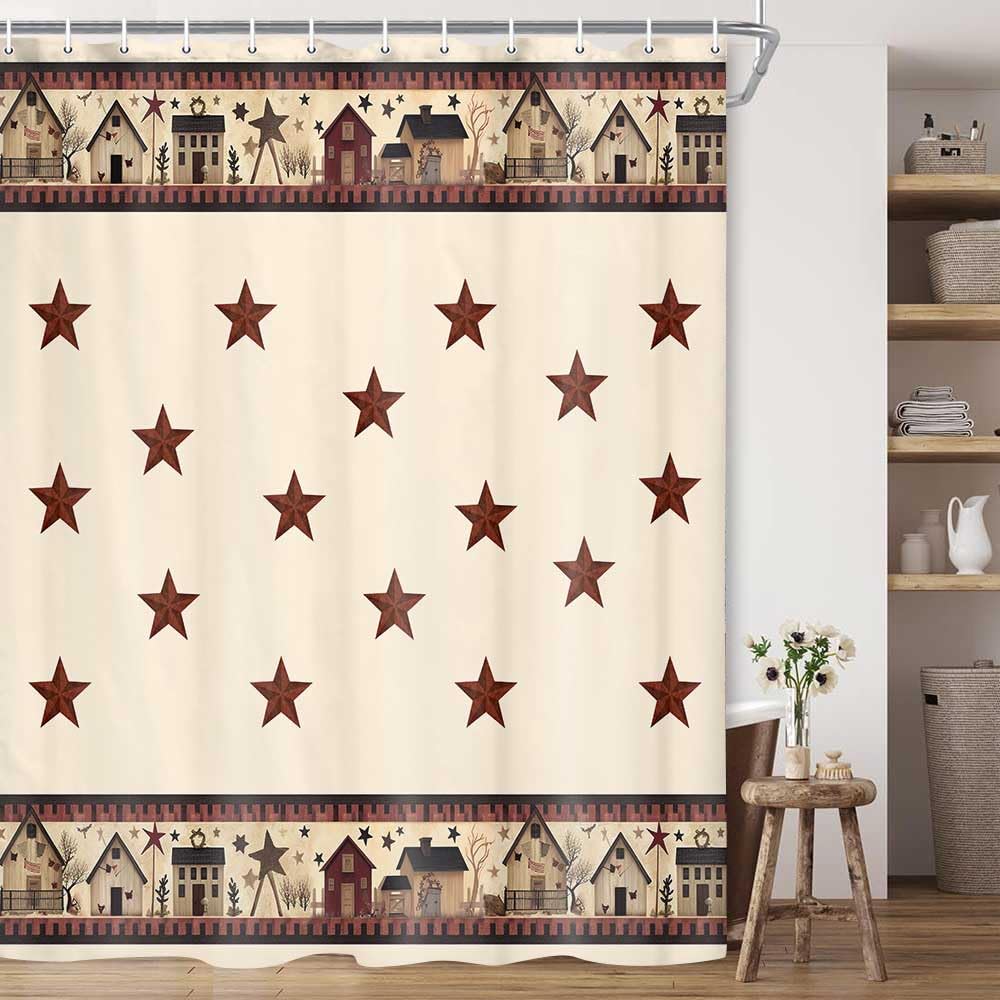 Jawo Rustic Country Shower Curtains, Primitive Barn Star Relax Bath Outhouse Christmas Farmhouse Shower Curtain For Bathroom Dec