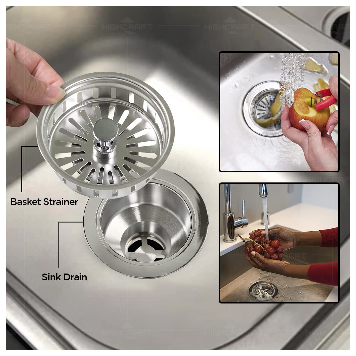 Highcraft 9735 Heavy Duty Kitchen Sink (3-1/2 Inch) Stainless Steel Drain Assembly With Strainer Basket Kohler Style Stopper, 1.