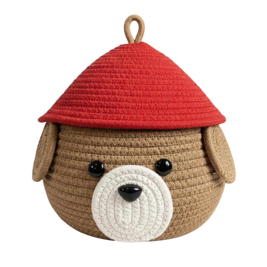 Home Decorio Woven Cotton Rope Storage Basket With Cute Dog Face Design & Red Lid, Decorative Organizer Bin For Kids Room, Nurse