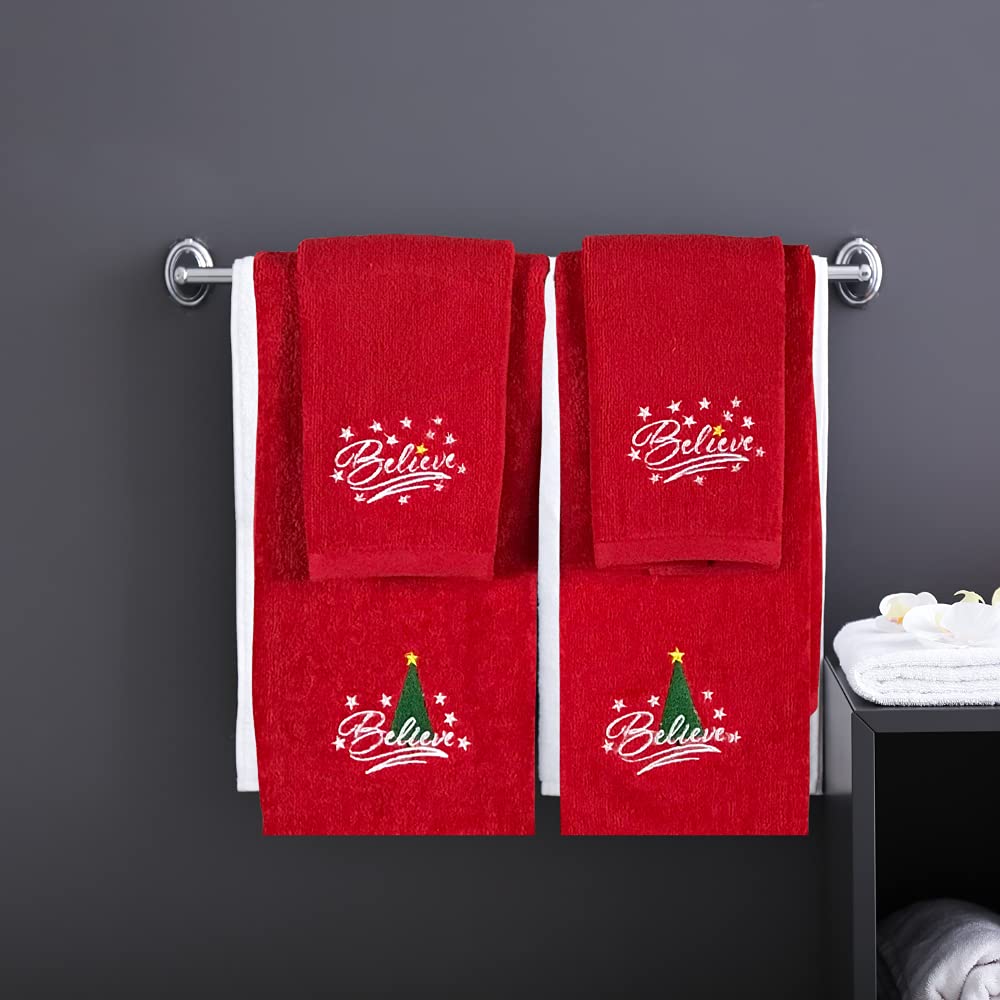 Serafina Home Decorative Christmas Theme Red Towel Set: Luxury Bathroom Hand Towels, Embroidered Believe (25'' X 16'' Inch)