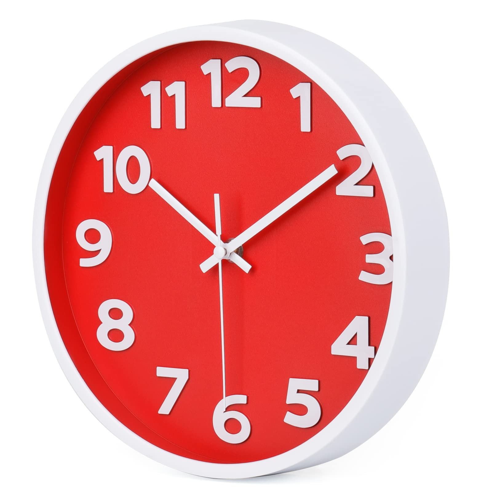 10 Inch Red Wall Clock Battery Operated Silent Non-Ticking Easy To Read