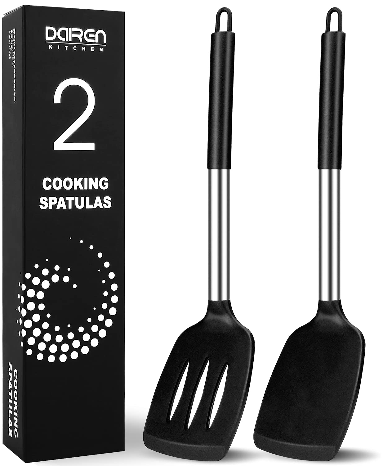 2 Pack Silicone Spatulas Turners, Stainless Steel Cooking Utensils Bpa Free,Heat Resistant,Non Stick,Rubber Spatulas For Fish, E