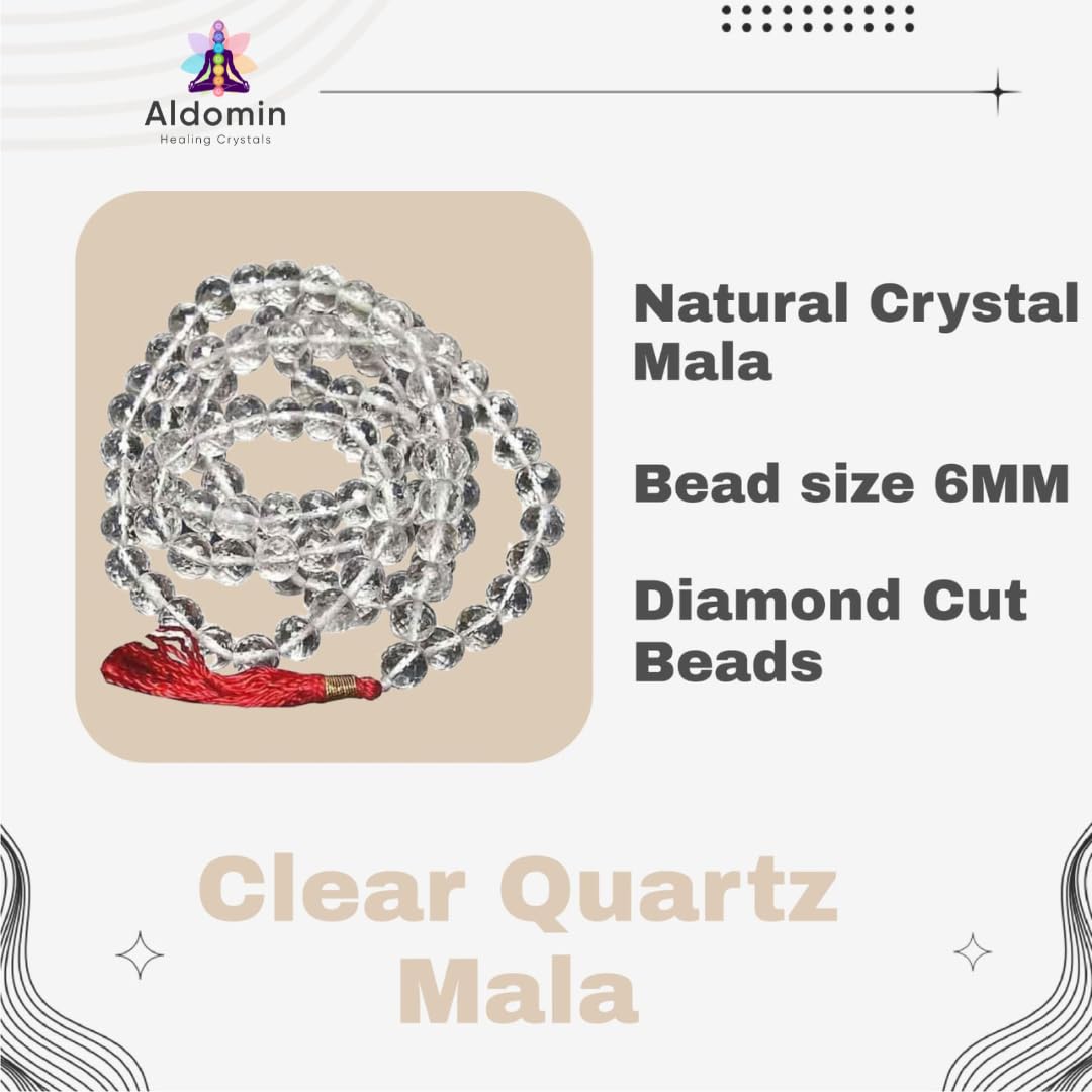 aldomin Natural Energize Clear Quartz (Sphatik) 108 Bead Healing Crystal Rosary,Necklace, Mala (Bead Size 6 MM)