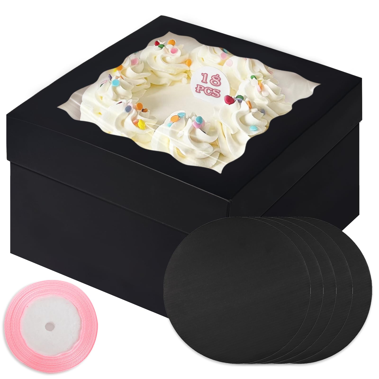 Qiqee Black 10X10X8 Cake Box, 18 Sets Cake Box With Window  18 Sets 10 Cake Round Boards, 10Inch Cake Containers, 10 Meters Pink
