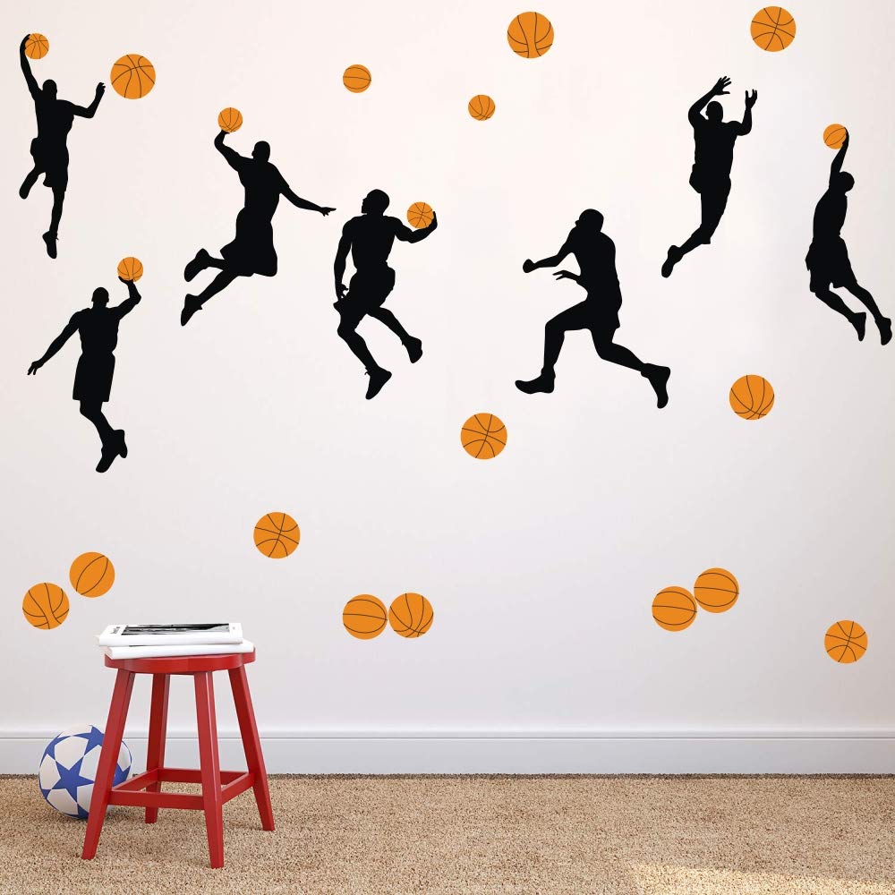 Basketball Slam Dunk Silhouette Wall Decals (20 Decals) Sport Player Wall Stickers Peel& Stick Jumpman Wall Art For Boys Teens L