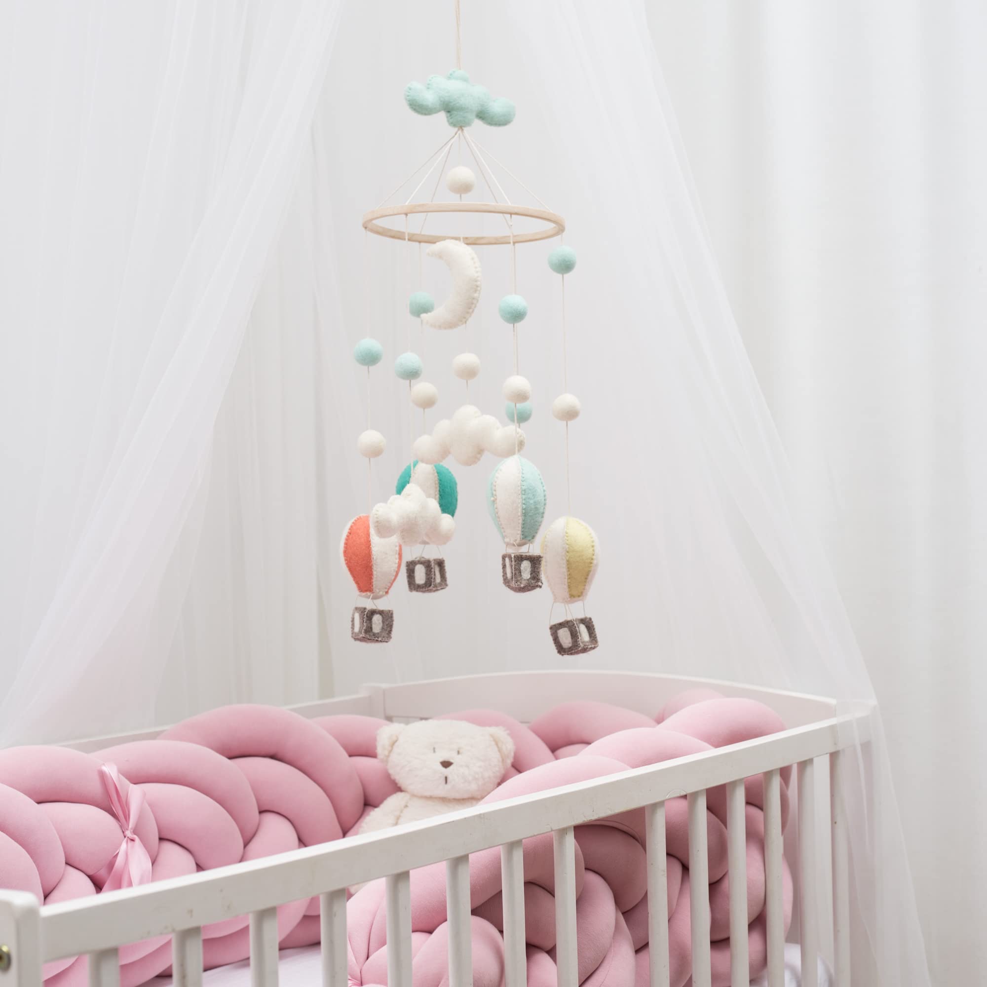 GLACIART ONE Baby Nursery Hot Air Balloon Mobile for Crib | Gender Neutral Felt Mobile With Hanging Clouds & Balls | Room Decora