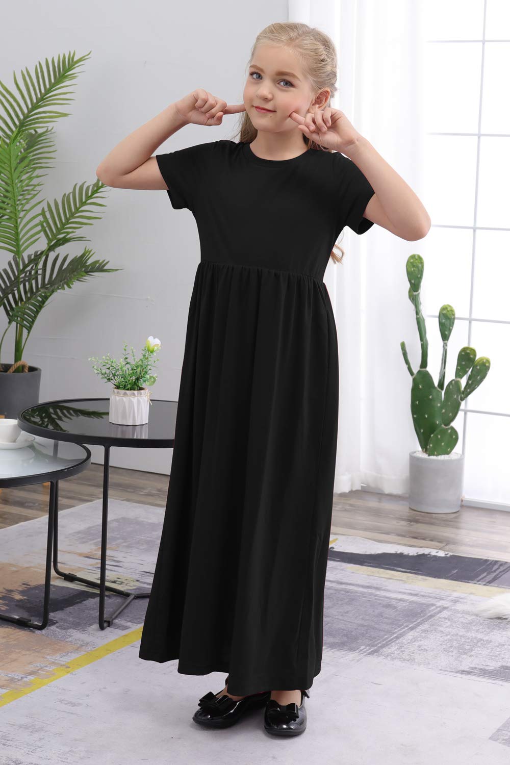 Gorlya Girls Short Sleeve Floral Print Loose Casual Holiday Long Maxi Dress With Pockets (8Yearsheight:130Cm, Black Color)