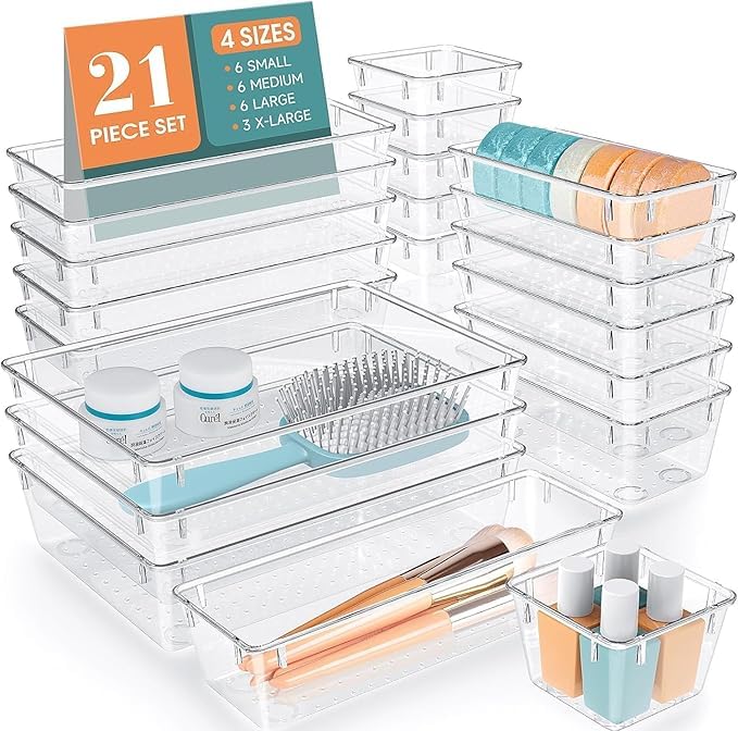 Desk Drawer Inside Set, 21 Pieces, Bathroom Drawer Tray Dividers Plastic Vanity Organizers Storage Bins For Makeup Dresser Kitch