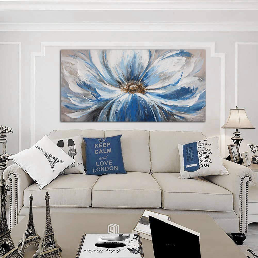 Flower Canvas Wall Art for Living Room Large White Blue Flower Picture Giclee Print Painting Wall Decor Framed Artwork Ready to Hang for Home Bedroom Wall Decoration Size 24x48