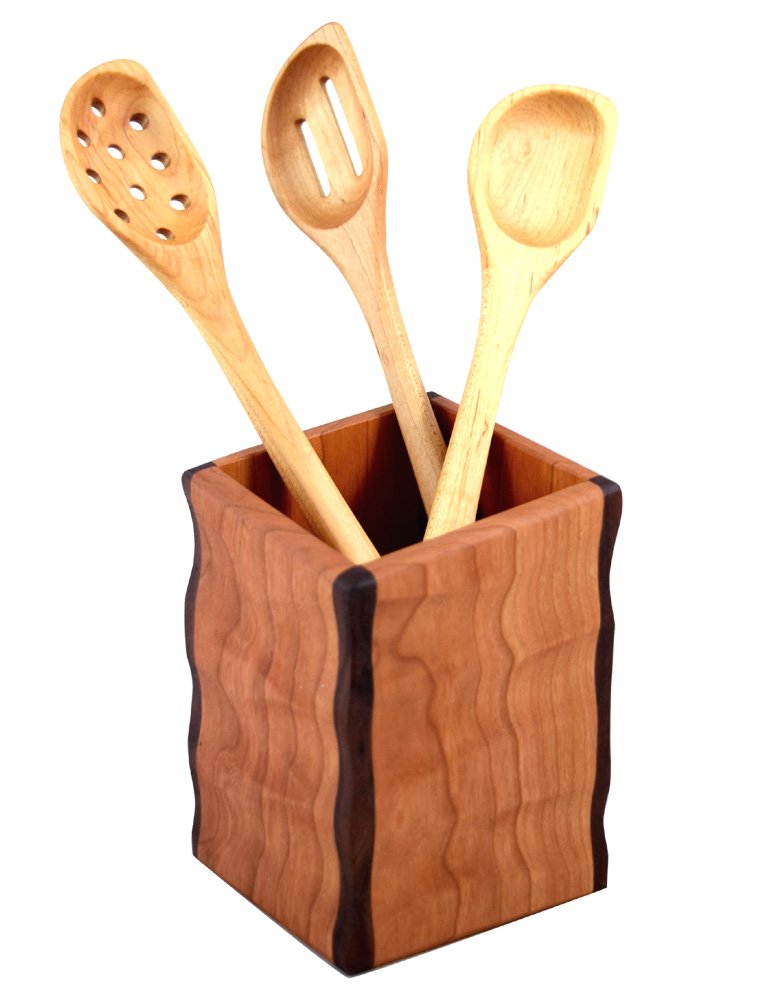 American Made Sculpted Cherry Wood Utensil Holder Crock