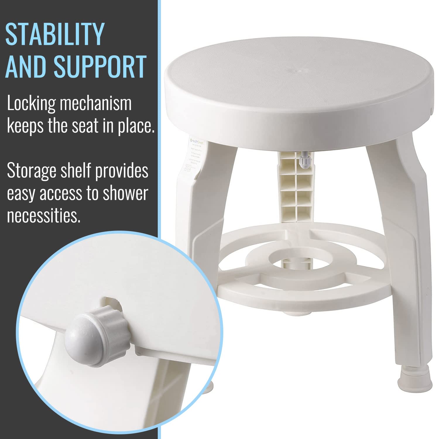 HealthSmart Swivel Shower Stool Seat with Storage Shelf  Rotating Shower Chair for Bathtub  Tool-Free Assembly  White