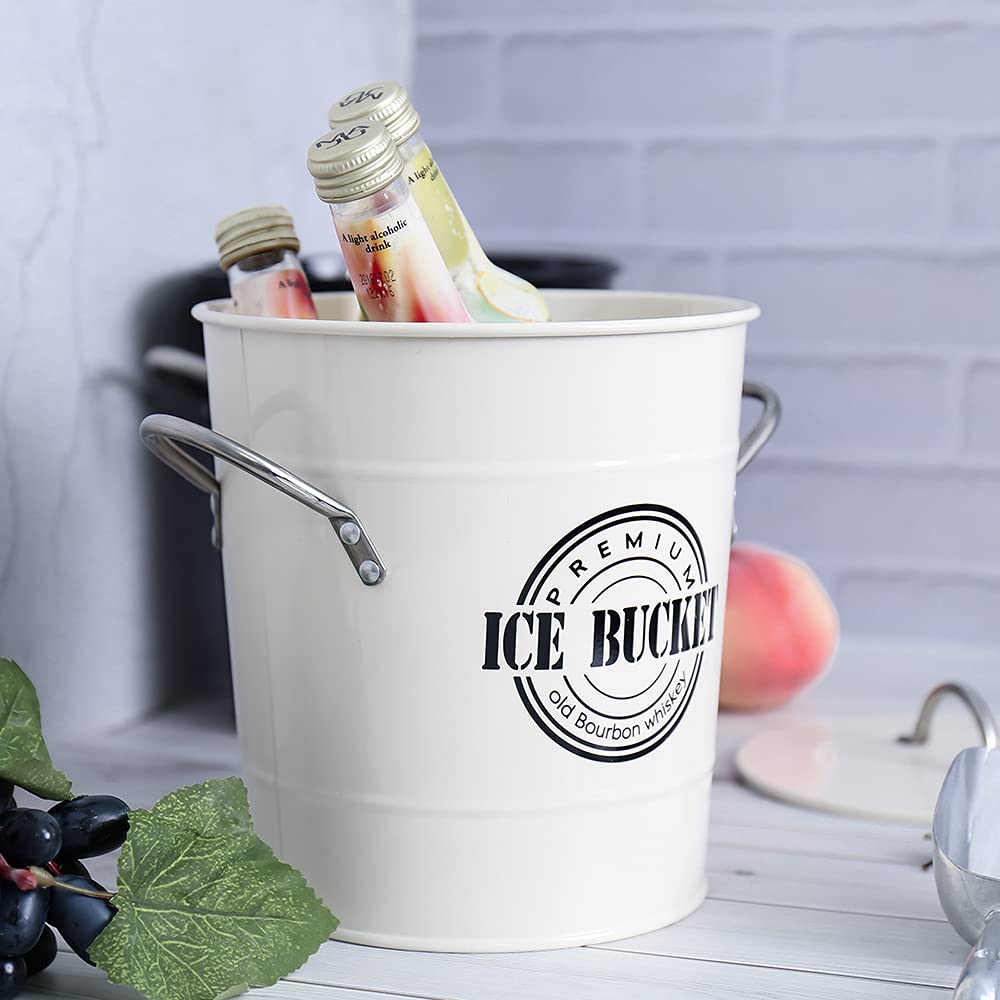 Home By Jackie Inc T586A 4L Cream White Metal Galvanized Double Walled Ice Bucket Set With Lid And Scoop