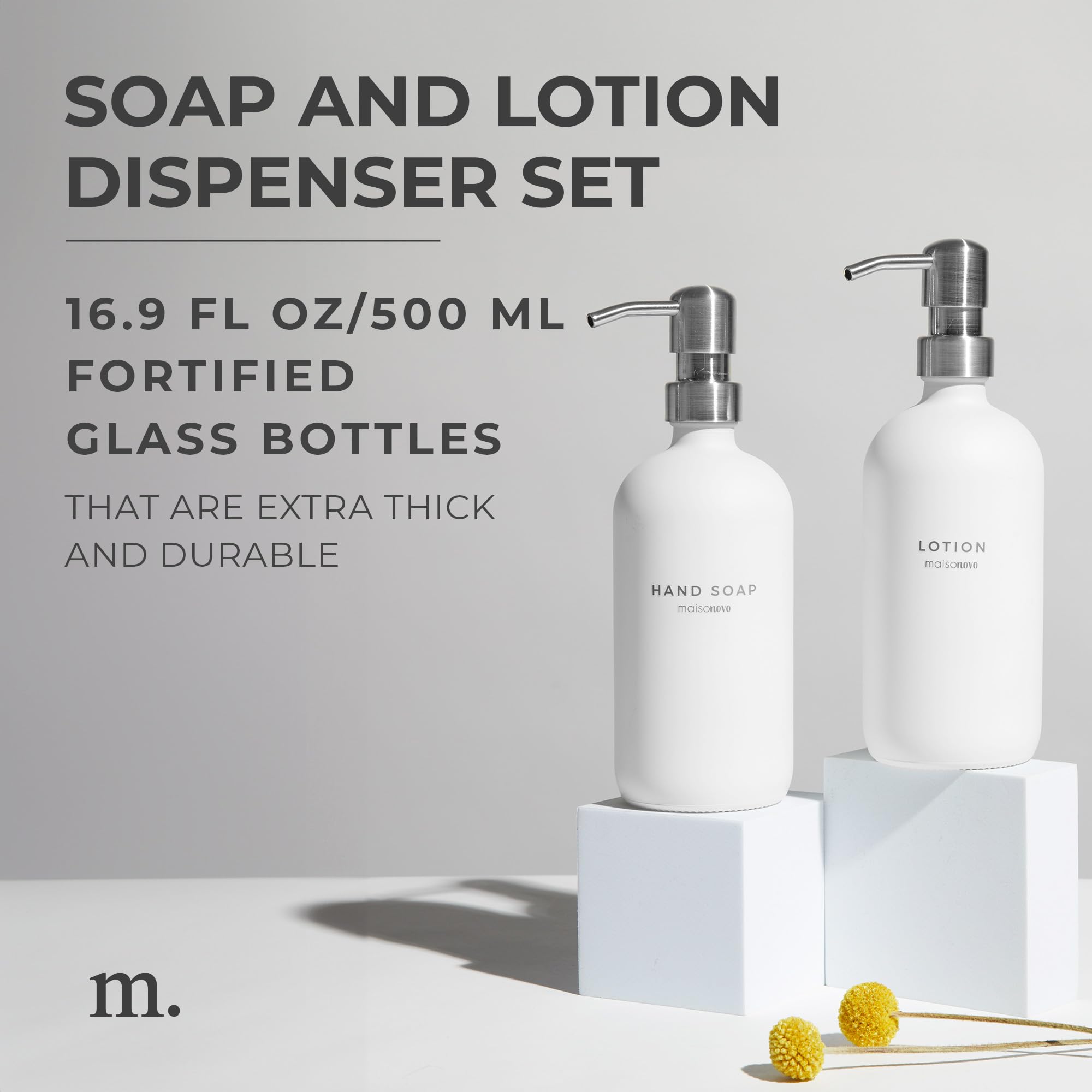 Maisonovo Bathroom Soap And Lotion Dispenser Set | 16.9 Fl Oz White Glass Silver Pumps X 2