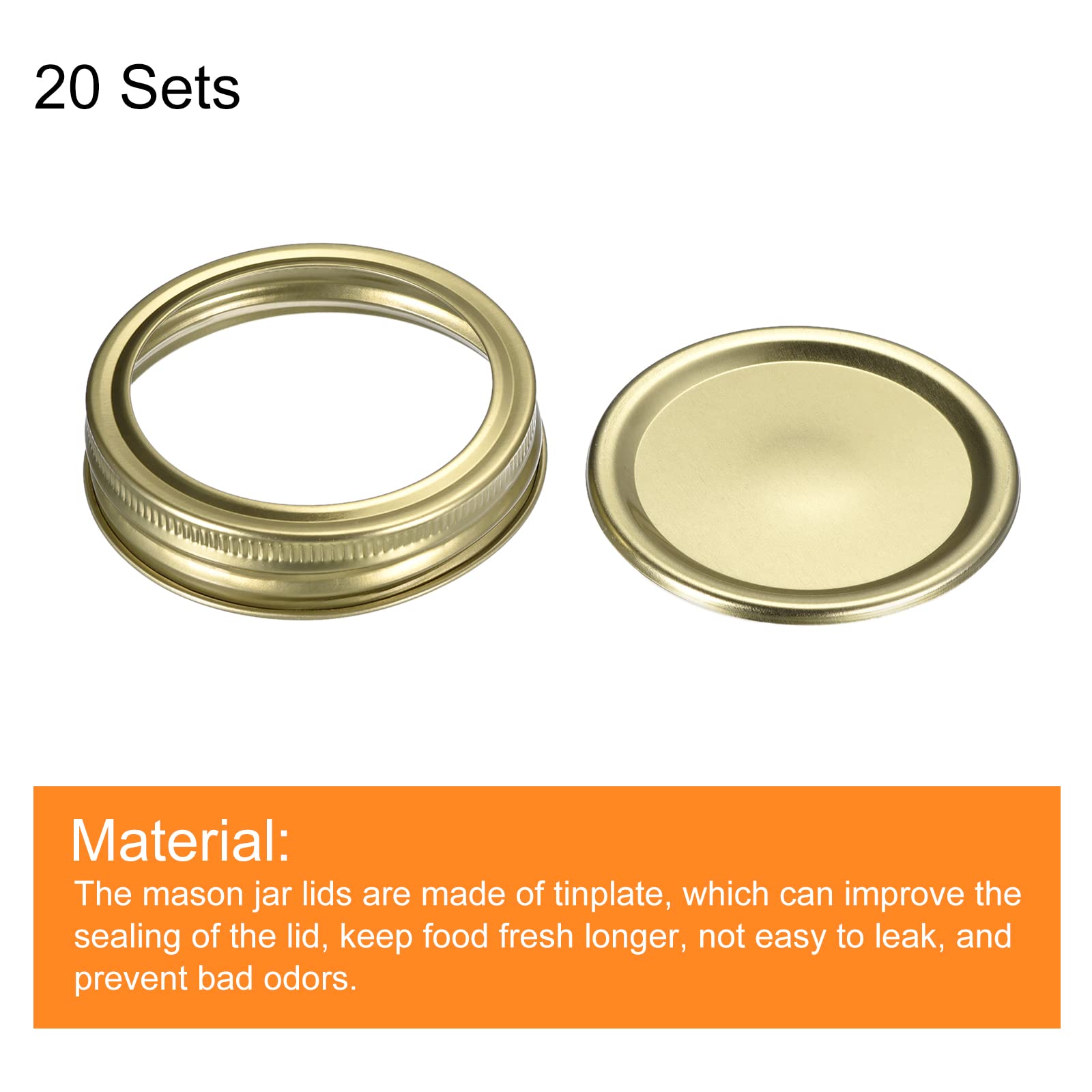 Uxcell Canning Lids, 20 Sets - Tinplate Split-Type Mason Jar Lids And Bands Regular Mouth Leak Proof Fits Storage Cover (Gold)