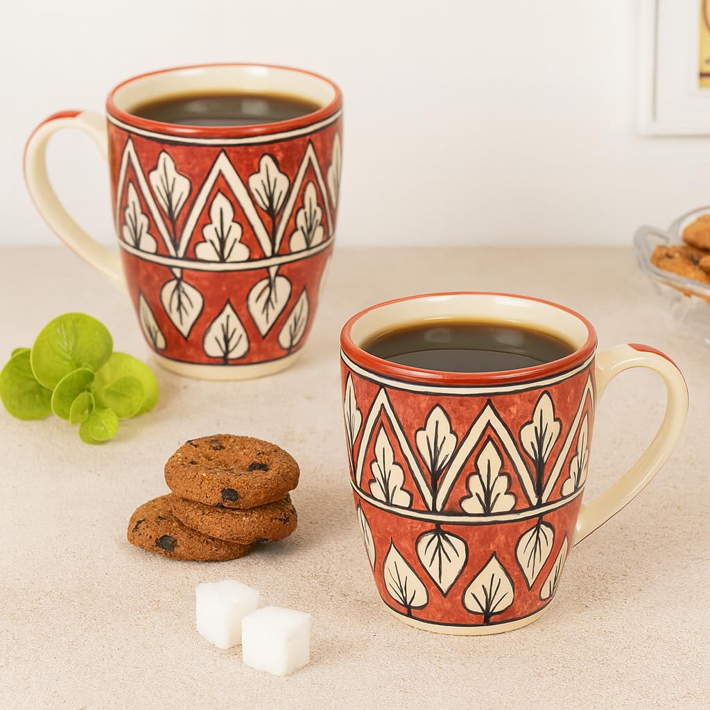 KITTENS erracotta Bloom?Ceramic Coffee Mug Set of 2  375ml | HandPainted Red Leaf Pattern | Microwave & Dishwasher Safe | Food