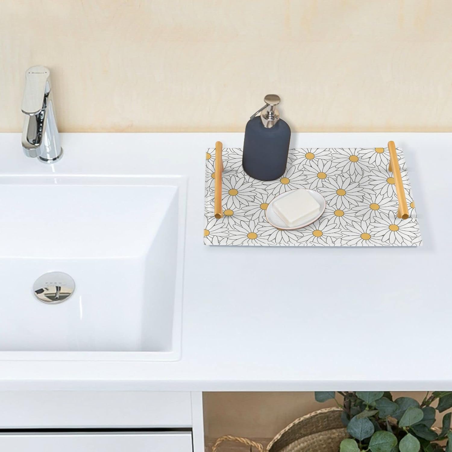Fanassyy Bathroom Sink Vanity Tray Floral Flower Decorative White And Black With Gold Handles Organizer For Candle Soap Perfume 