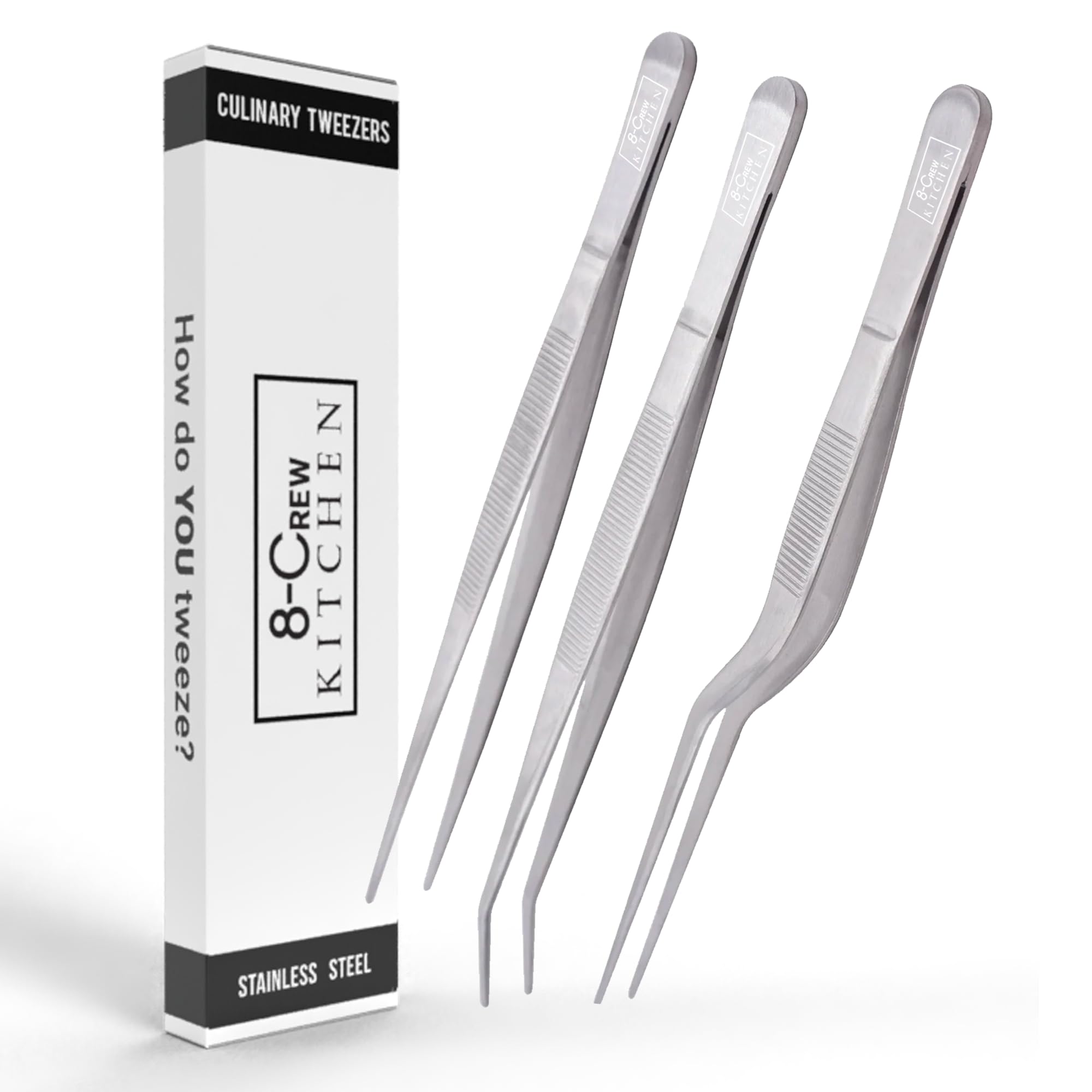 8CREW KITCHEN Culinary Cooking Tweezers  6 inch Set of 3 Stainless Steel Precision Tongs with Serrated Tips for Plating, Decor