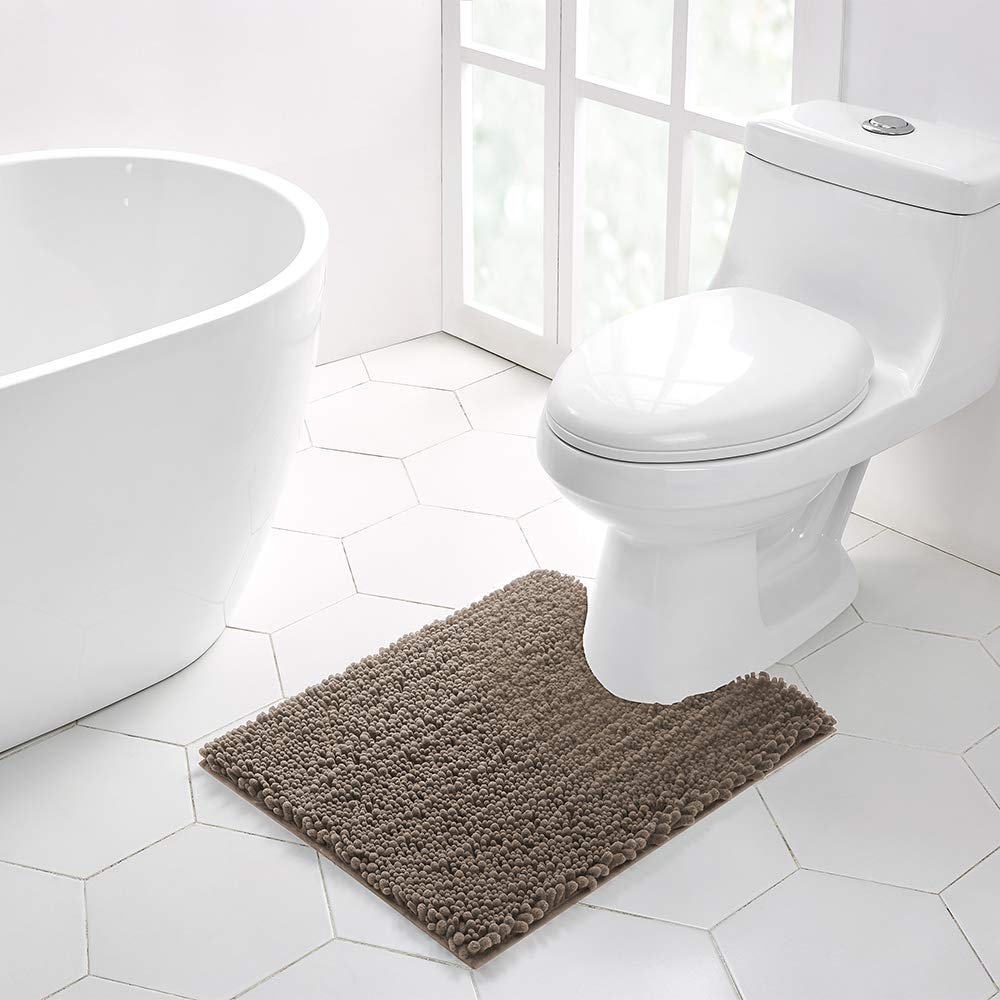 Walensee Bathroom Contour Rug Non Slip Toilet U Shaped Bath Mat (20X24, Taupe) Water Absorbent Super Soft Shaggy Chenille Machin