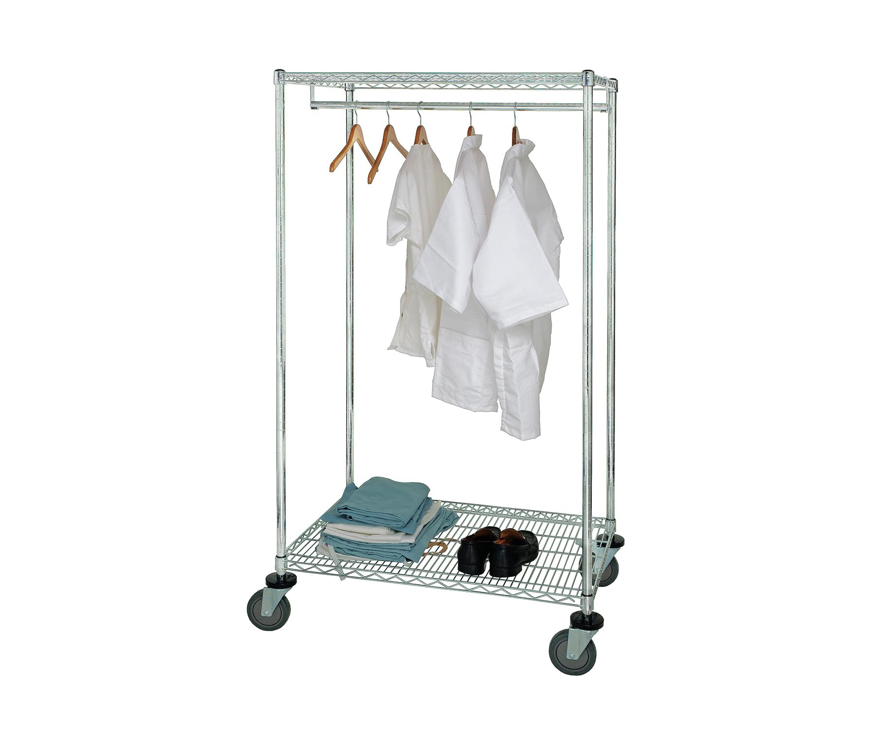 Wire Garment Rack, Stationary, 60W X 24D X 63H, 75 Lbs. Capacity On The Hang Bar, Chrome Plated Finish