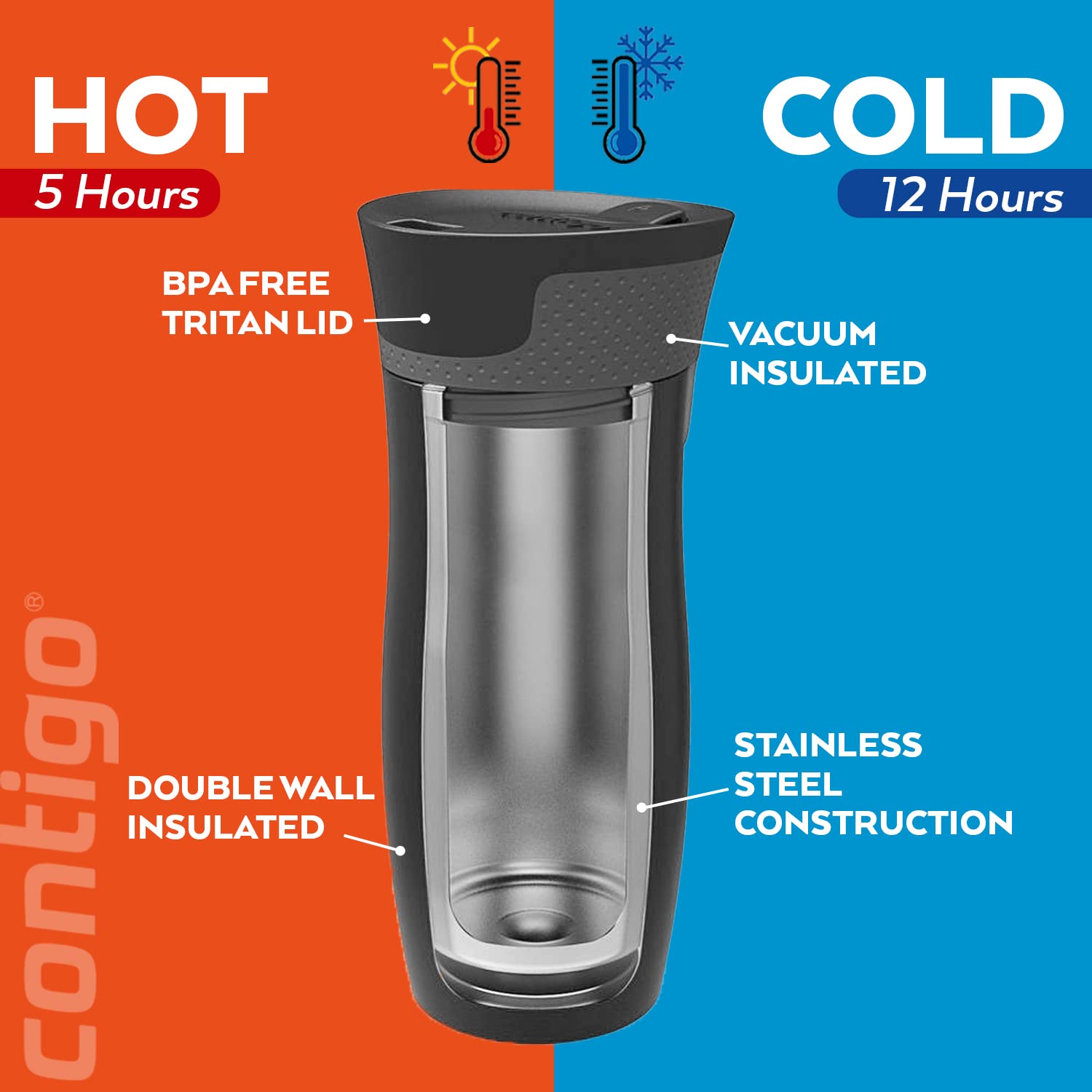 contigo West Loop Autoseal Travel Mug  Stainless Steel Thermal Mug  Vacuum Flask  Leakproof Tumbler  coffee Mug with BPA Free Easy-clean Lid  470 ml  Raspberry