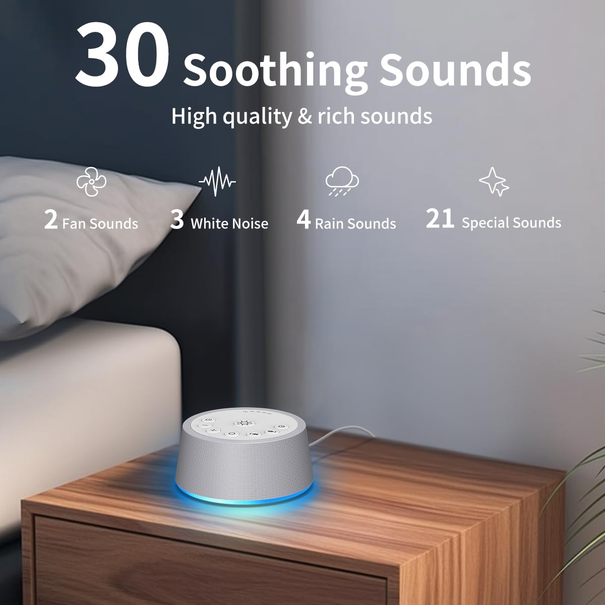 SoundLegend White Noise Sleep Sound Machines 30 Sounds 32-Level Volume 12 Colors Light 5 Timers Adjustable Light Brightness Comp