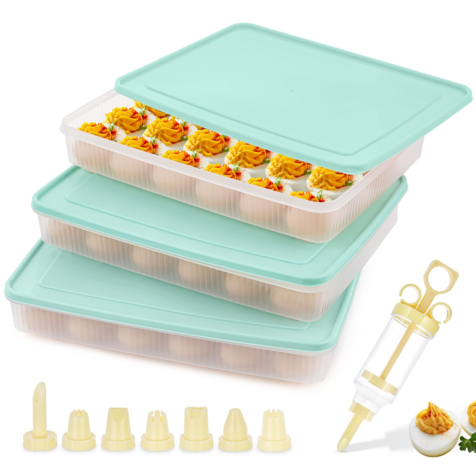 3 Pack Deviled Egg Containers with Lid and 8 Pcs Deviled Egg Injector Piping Tool, Egg Organizer for Refrigerator, Fridge Stacka