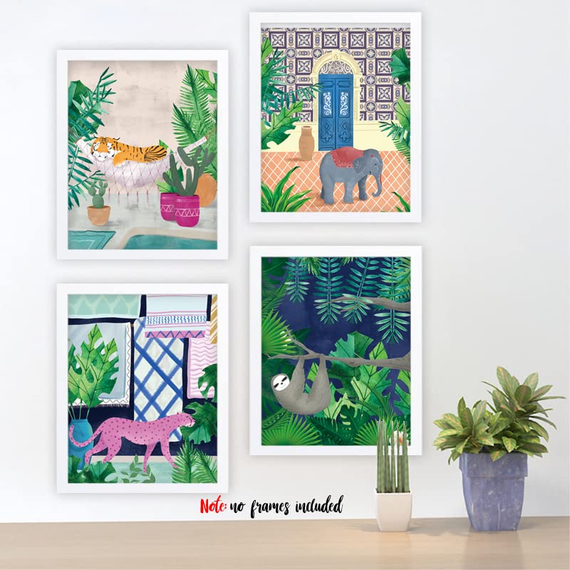 Yimehdan Moroccan Jungle Animal Wall Art Print - Leopard Tiger Bear Elephant Sloth Canvas Print - Forest Animal Tropical Plant A