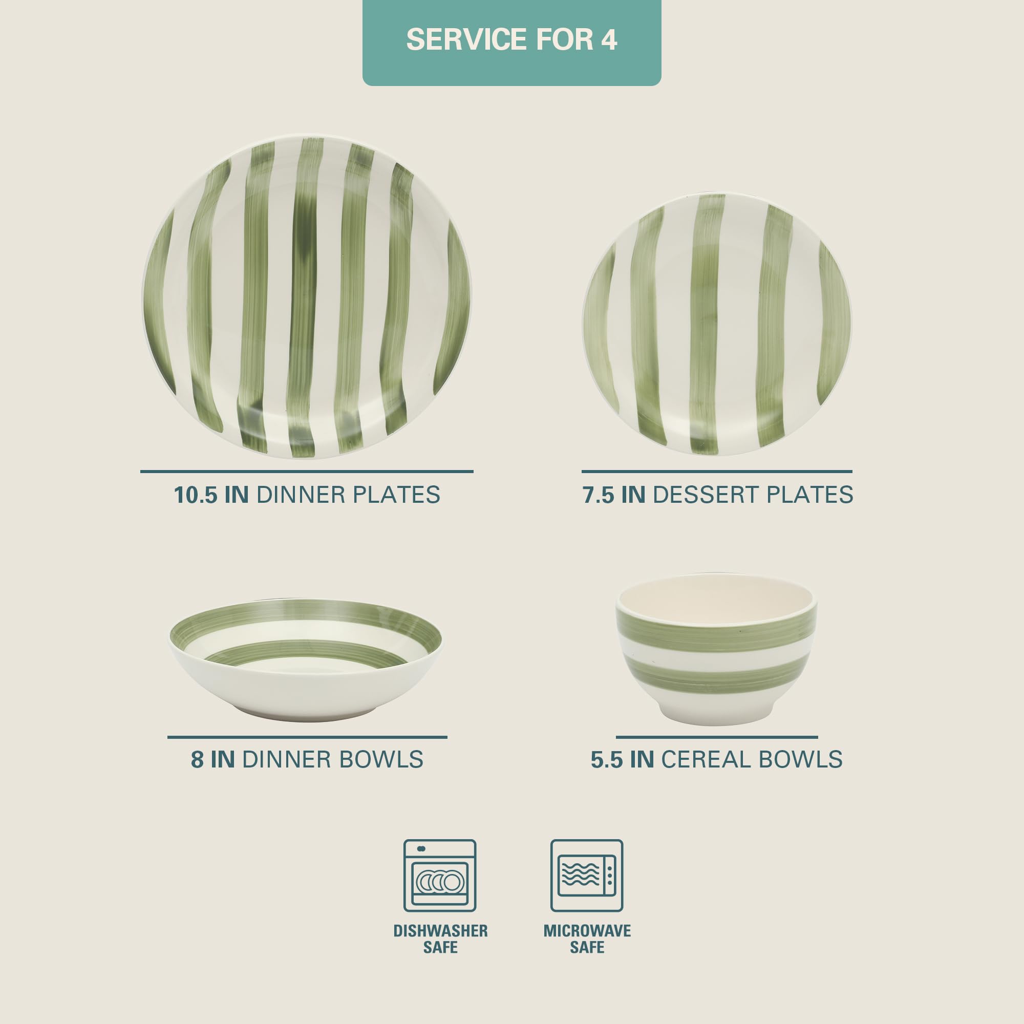 Gibson Home Kenwood Shores 16 Piece Dinnerware Set, Green Striped, Hand-Painted Stoneware, Plates and Bowls, Service for 4, Micr