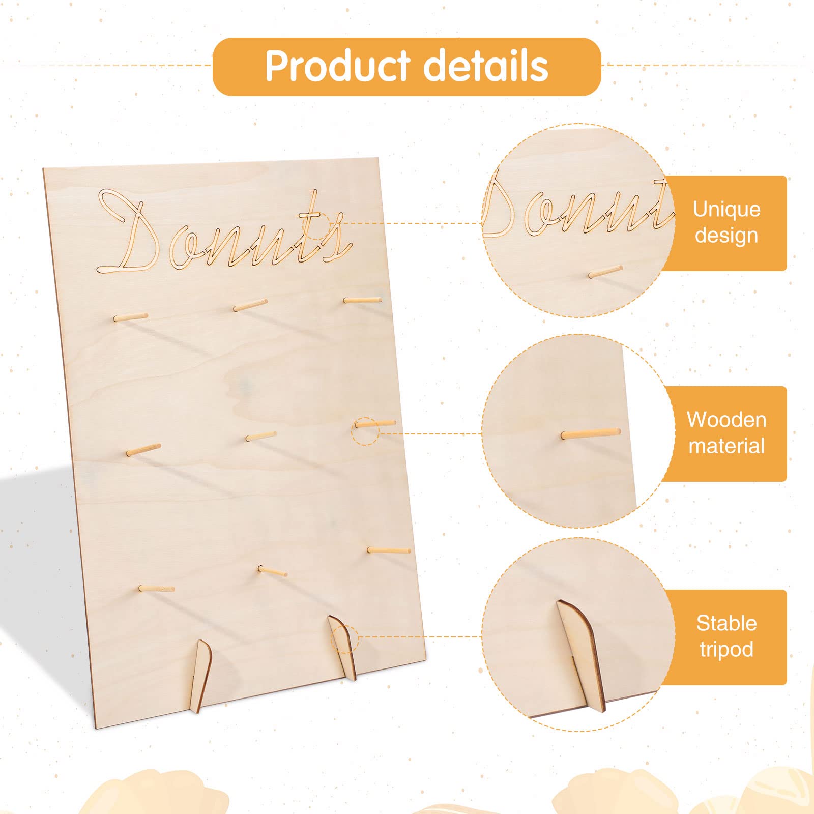 Yulejo 6 Pcs Donuts Display Stands Set Include 2 Pcs Donuts Wall Display Stands Diy Doughnuts Board Holder 4 Pcs Wood Donut Stan