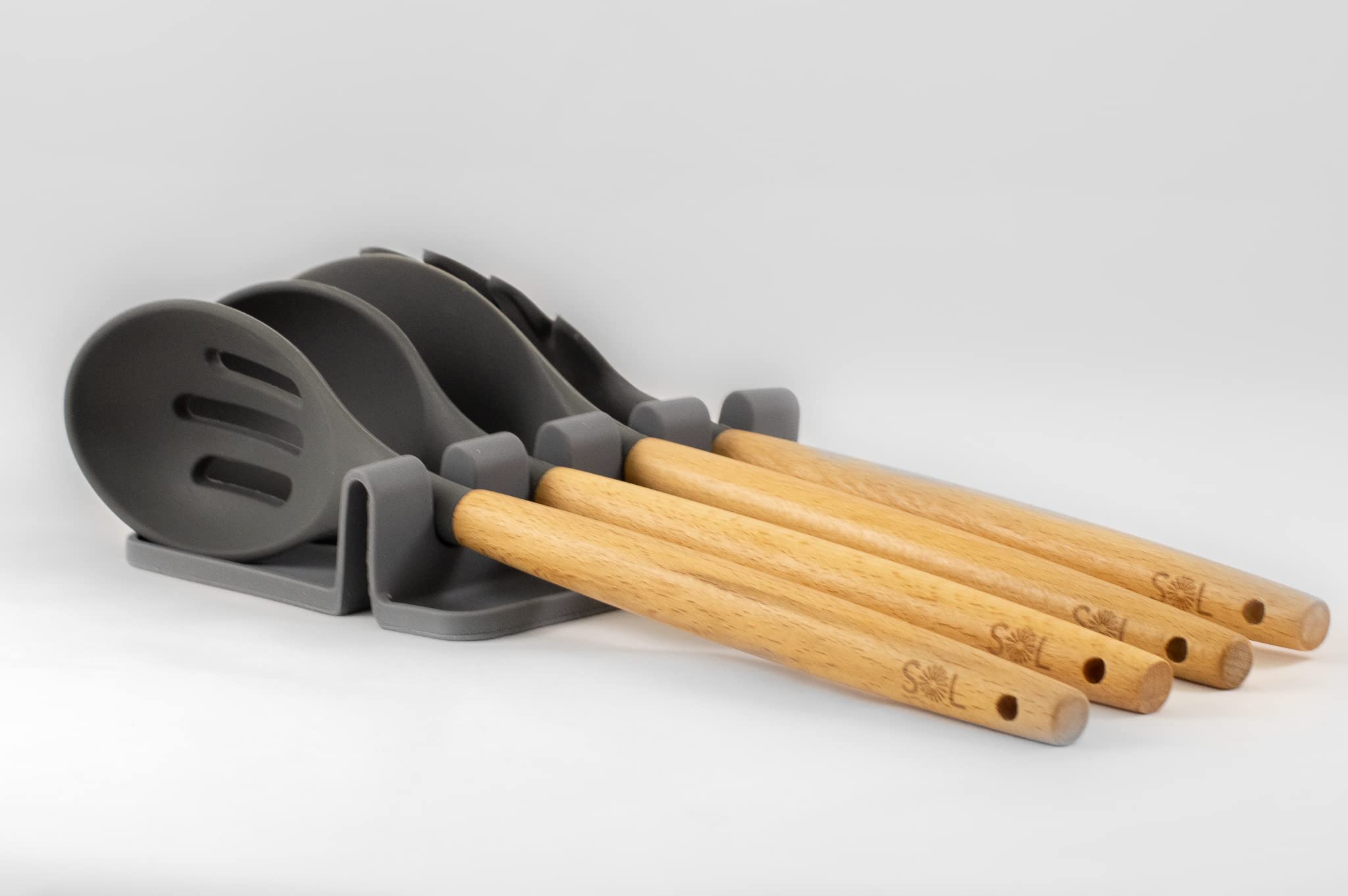 Sol -Utensil Holder For Kitchen Set Silicone Cooking Utensils With Wooden Handle 8Pcs Set - Serving Spoon, Slotted Spoon, Mixer,
