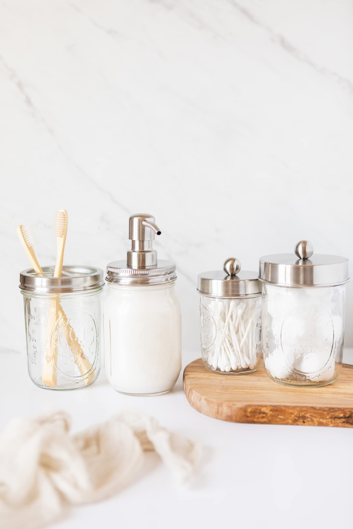 Jarmazing Products Ball Mason Jar Bathroom Gift Set (4 Pcs) - Lotion/Soap Dispenser, Toothbrush Holder, Q-Tip Storage Jars - Far